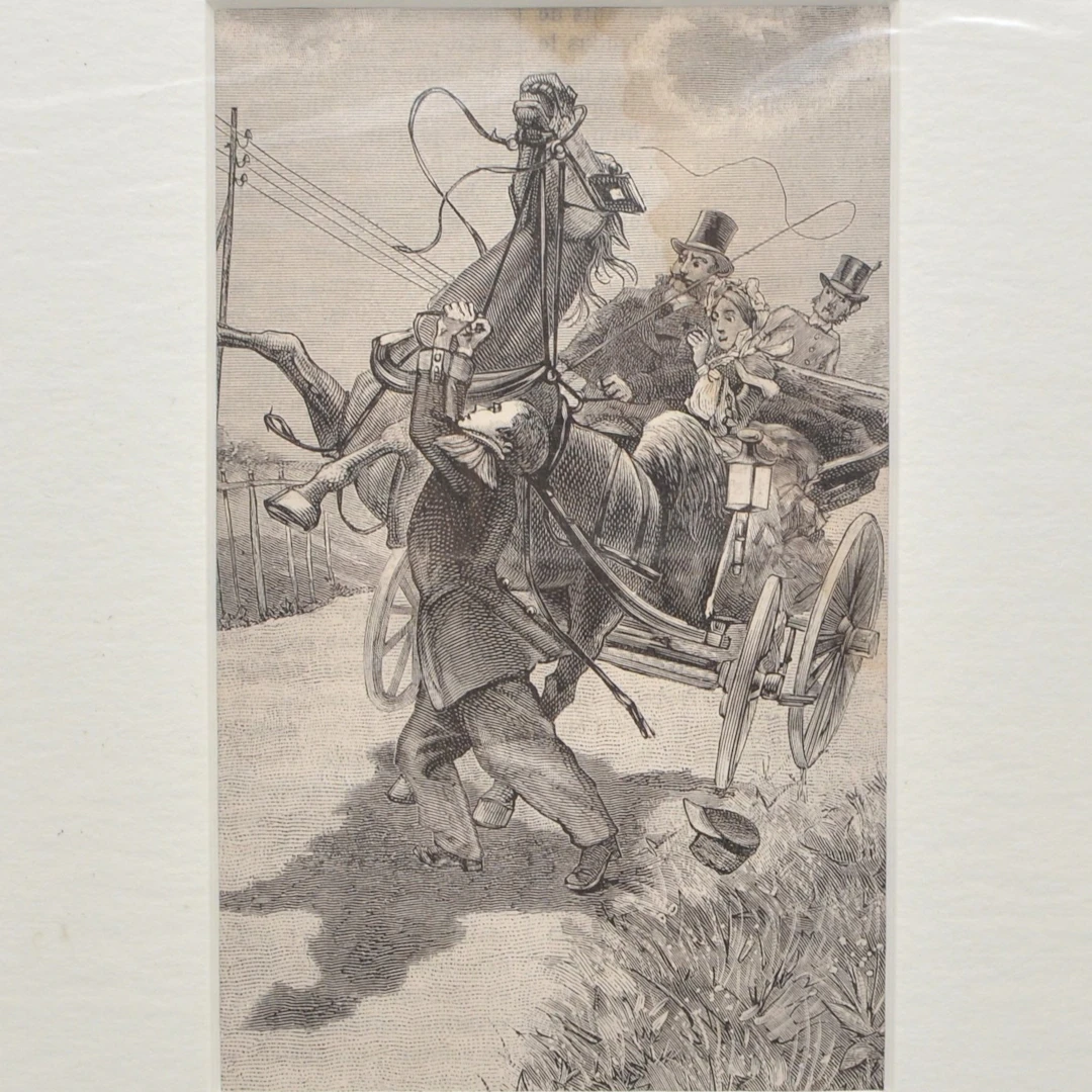 UNFALLSZENE MIT KUTSCHER, STAHLSTICH, UM 1895, IM PASSEPARTOUT.