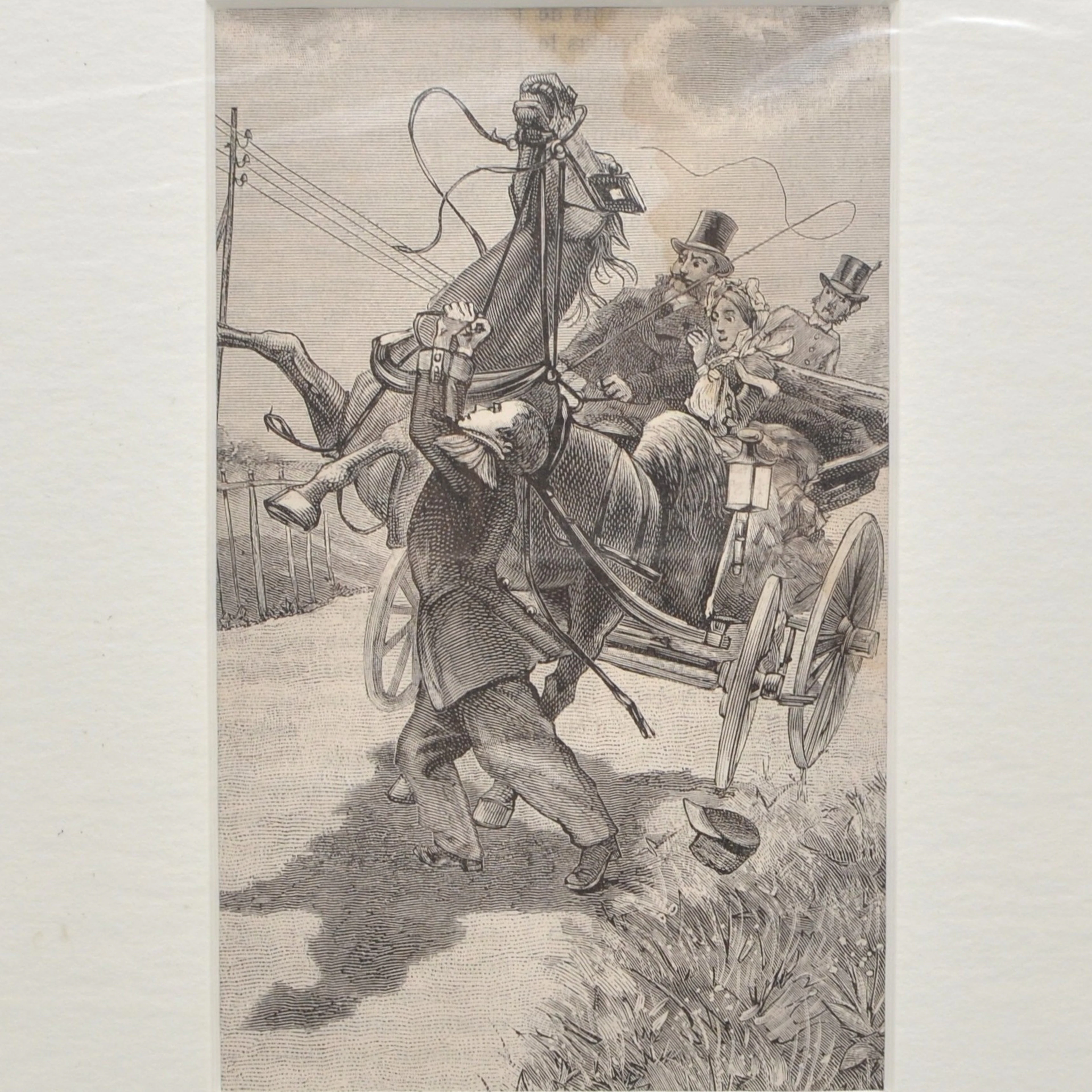 UNFALLSZENE MIT KUTSCHER, STAHLSTICH, UM 1895, IM PASSEPARTOUT.