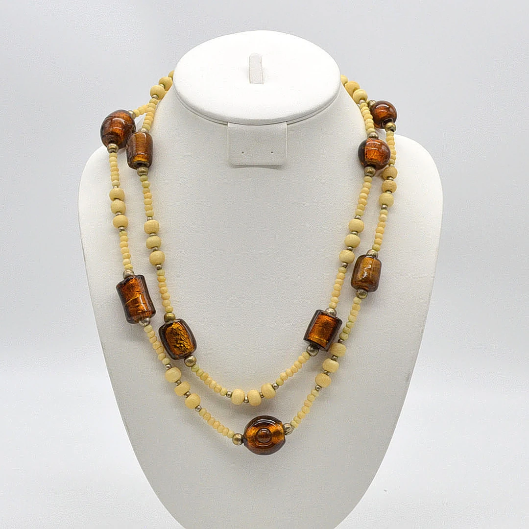 MURANO GLAS UND BEIN, LANGES COLLIER, MIT METALLPERLEN, VINTAGE, CA. 116CM.