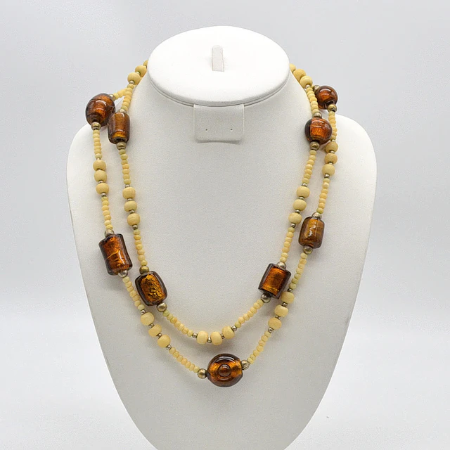 MURANO GLAS UND BEIN, LANGES COLLIER, MIT METALLPERLEN, VINTAGE, CA. 116CM.