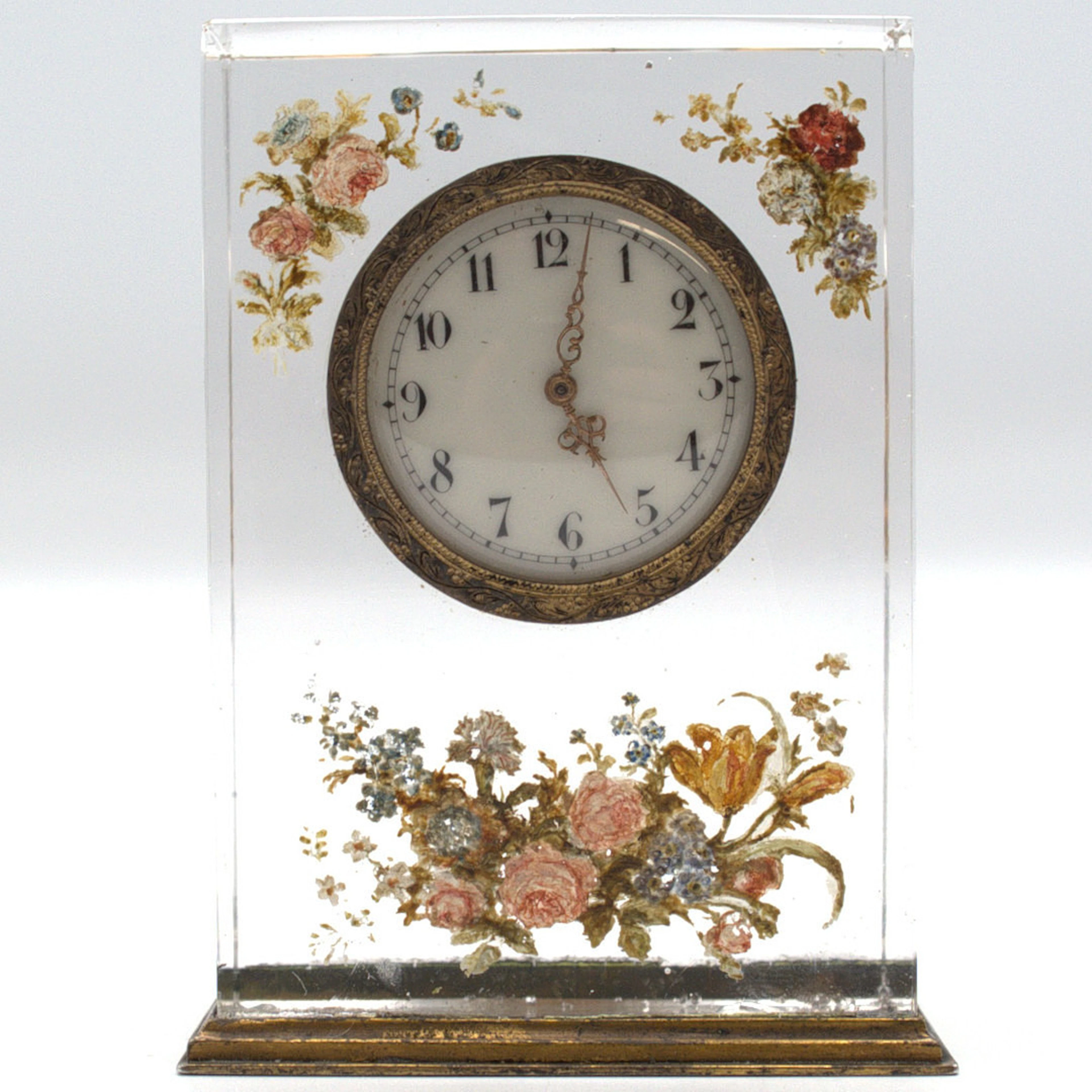 ANTIKE MINIATUR TISCHUHR, GLAS MIT FLORALER EMAIL MALEREI, MIT BRONZE
