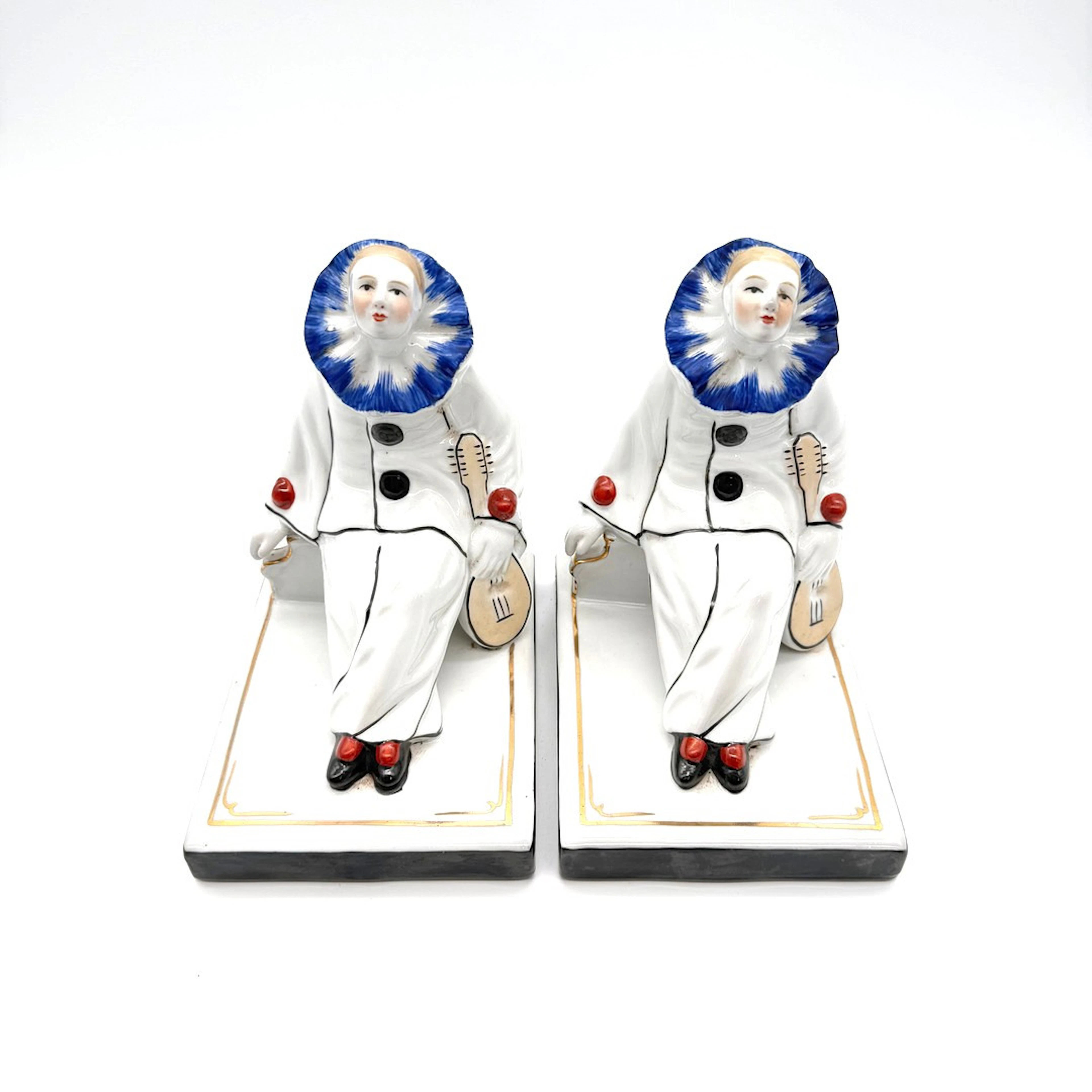 DRESSEL UND KISTER ART DECO BUCHSTÜTZEN PIERROT AUS PORZELLANFIGUREN