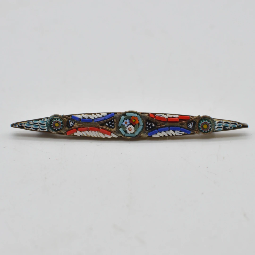 MURANO GLAS BROSCHE, MIKROMOSAIK, LANGGEZOGEN, VERGOLDETE FASSUNG