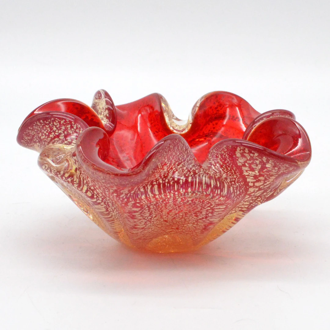 BAROVIER & TOSO. MURANO GLAS SCHALE, BLUMENFORM, STUDIOGLAS MIT GOLDPLATZFOLIE