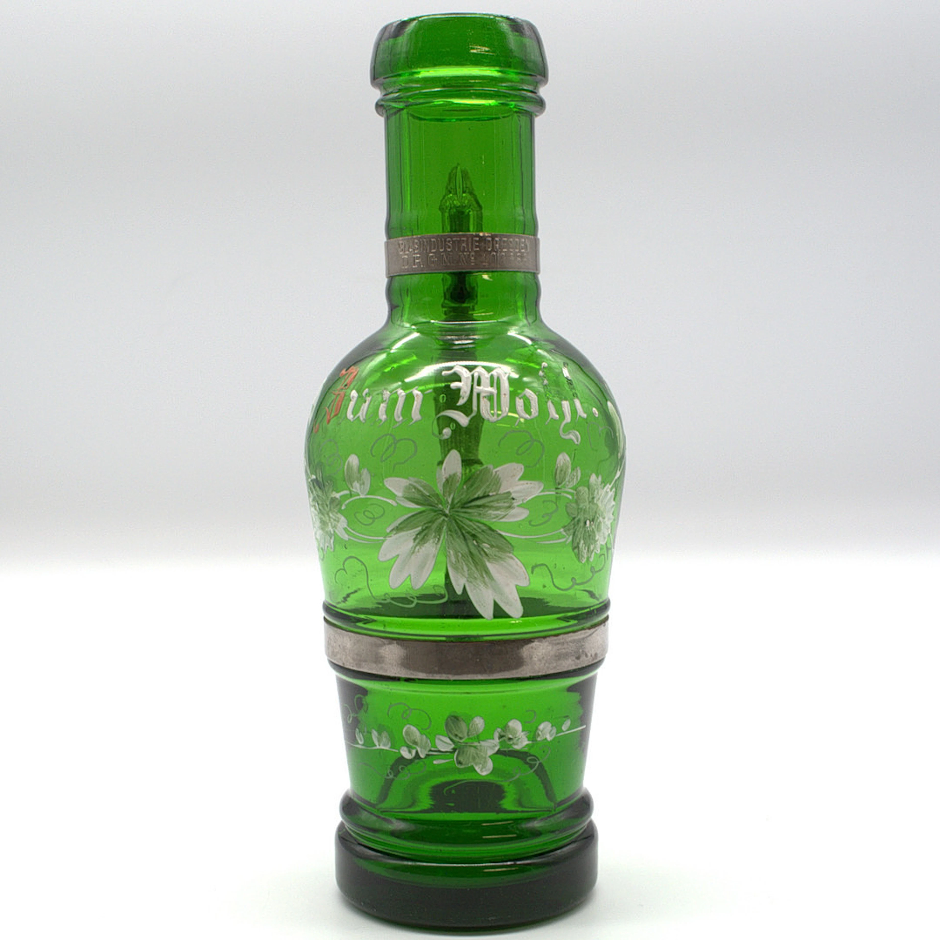 GLASINDUSTRIE DRESDEN. DEUTSCHLAND, GLAS-/ZINNFLASCHE MIT FEINER EMAIL