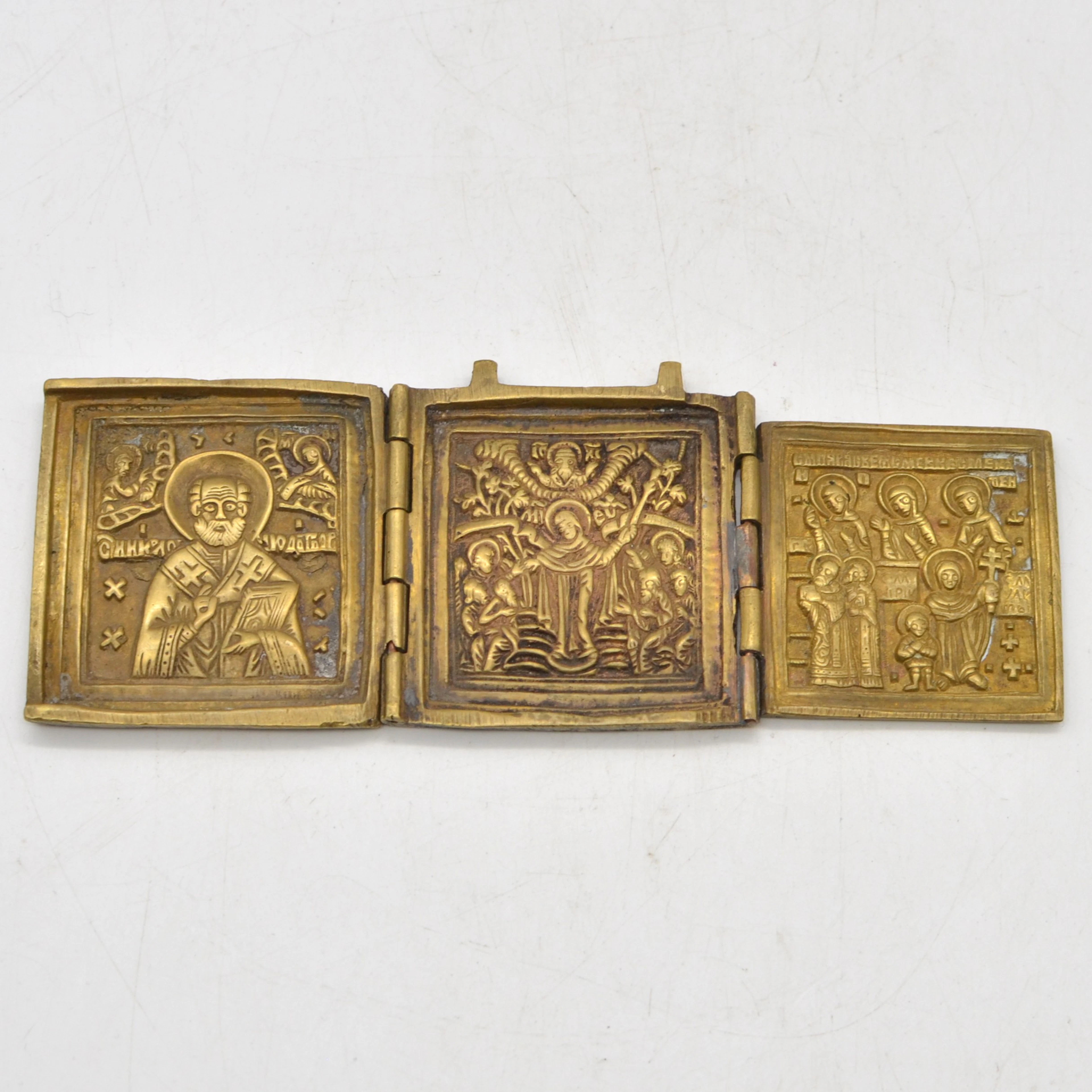 TRIPTYCHON, HEILIGER NIKOLAI, MESSING, RUSSLAND, 19. JAHRHUNDERT.