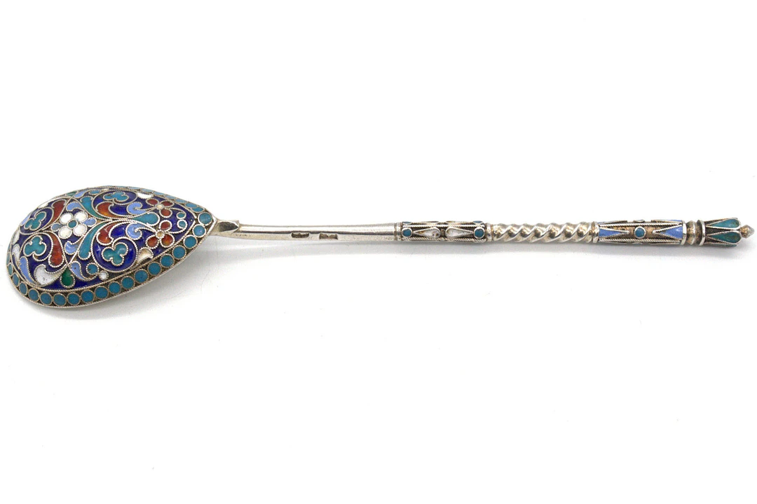 ANTIKER RUSSISCHER 875 SILBER/84 ZOLOTNIKI CLOISONNÉ, LÖFFEL, MOSKAU