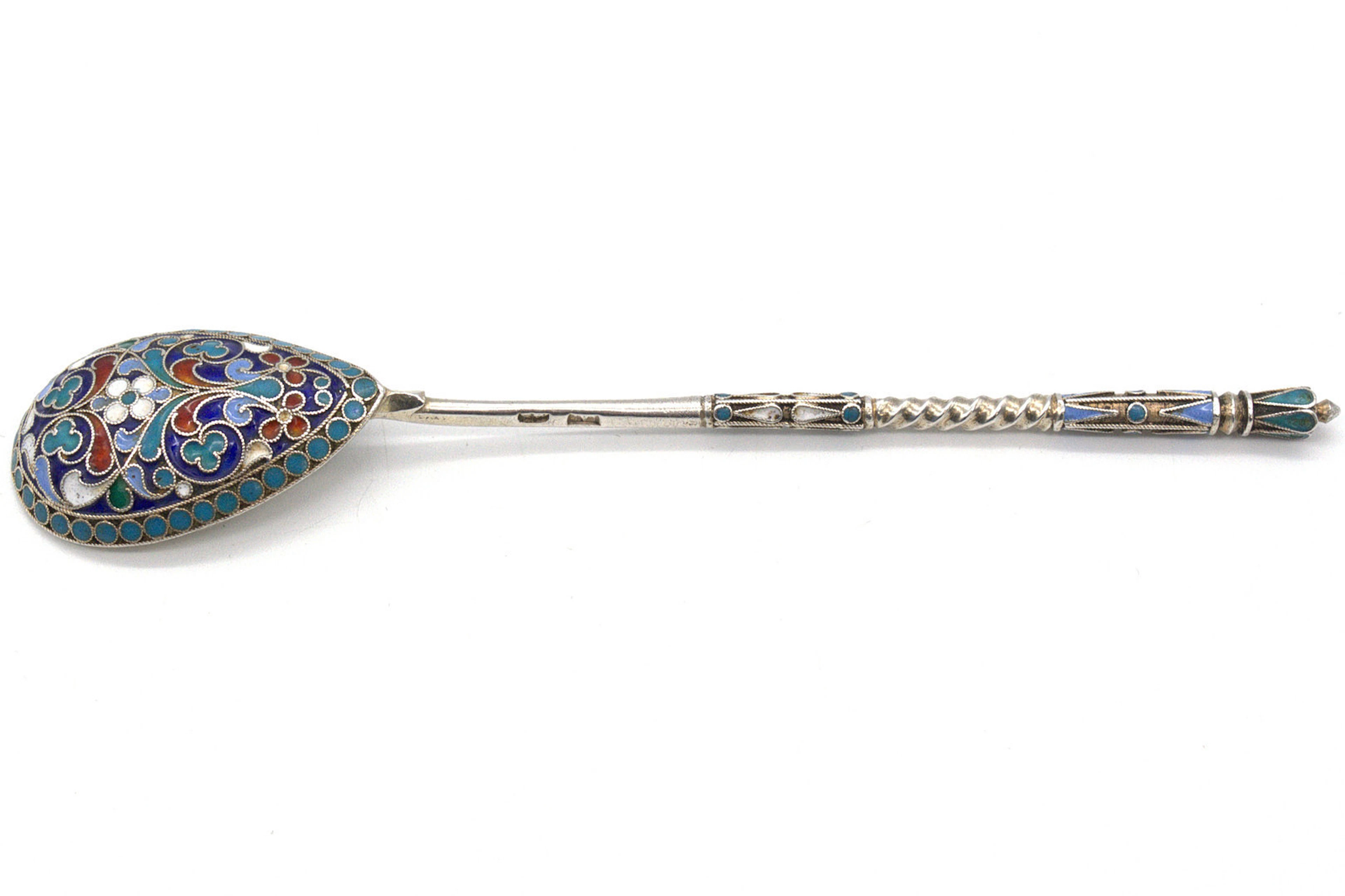 ANTIKER RUSSISCHER 875 SILBER/84 ZOLOTNIKI CLOISONNÉ, LÖFFEL, MOSKAU