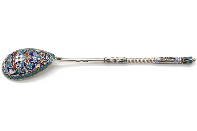 ANTIKER RUSSISCHER 875 SILBER/84 ZOLOTNIKI CLOISONNÉ, LÖFFEL, MOSKAU