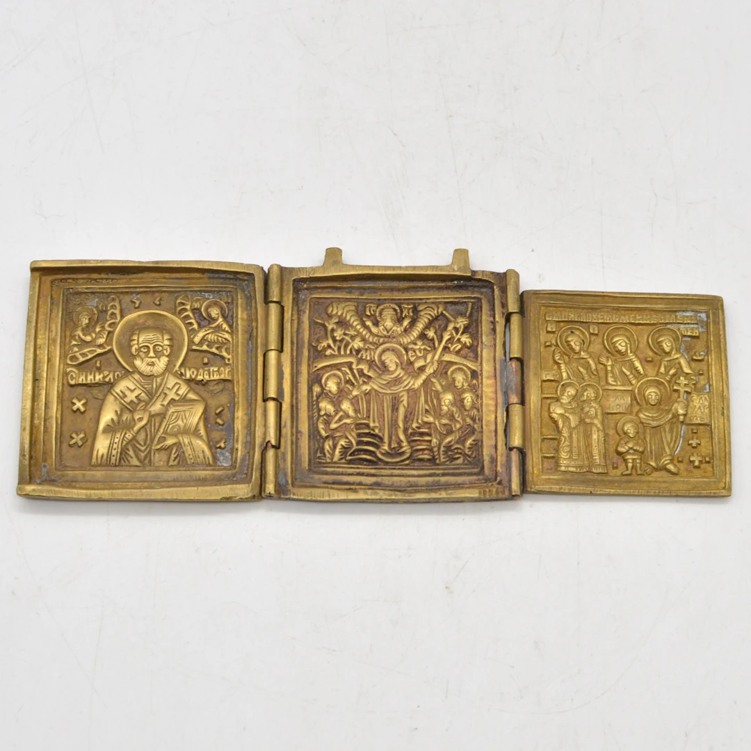 TRIPTYCHON, HEILIGER NIKOLAI, MESSING, RUSSLAND, 19. JAHRHUNDERT.
