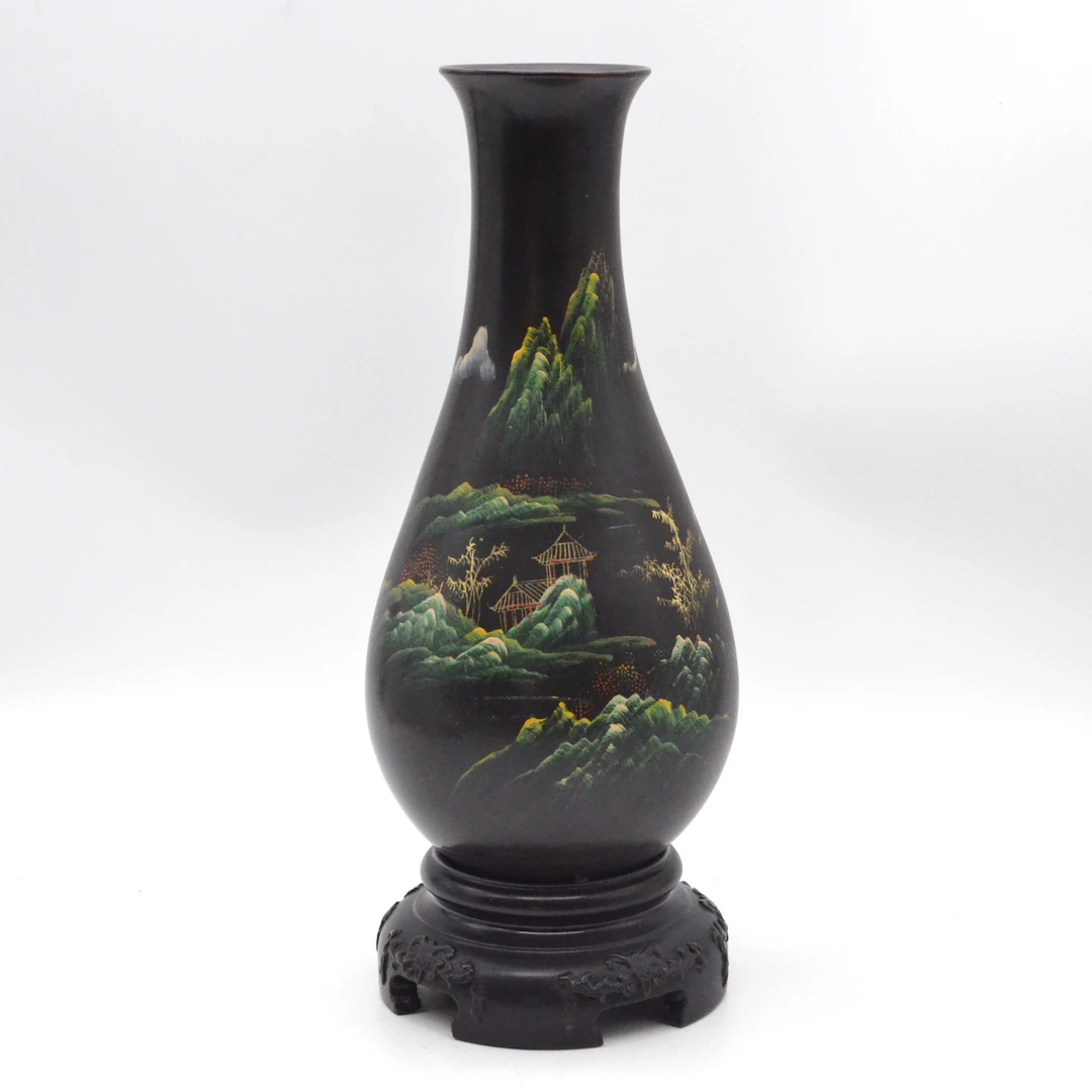 CHINESISCHE VASE, CHINOISERIE-STIL LANDSCHAFT, HOLZ, LACKMALEREI