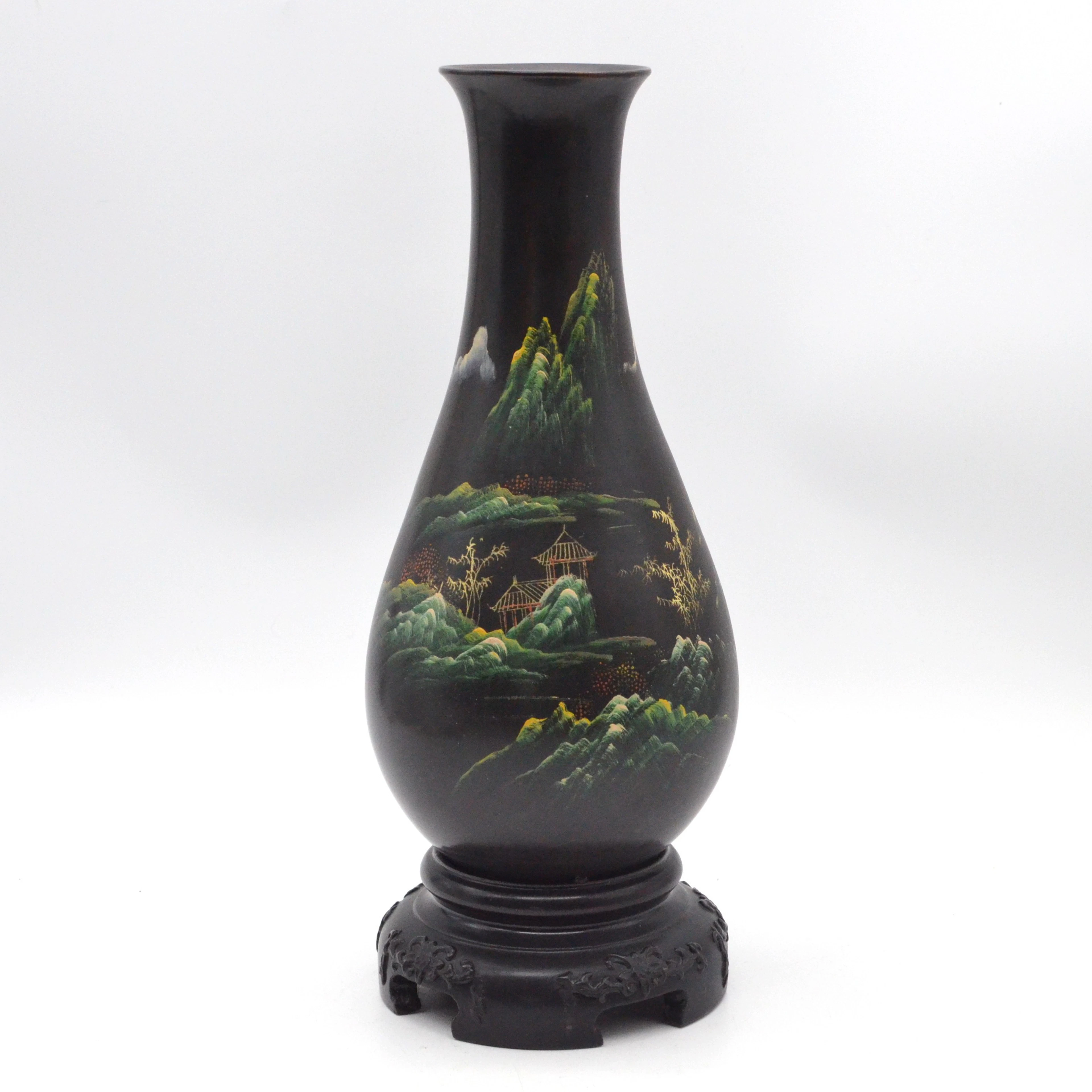 CHINESISCHE VASE, CHINOISERIE-STIL LANDSCHAFT, HOLZ, LACKMALEREI