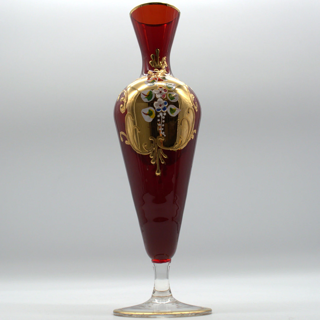 VENEZIANISCHE VASE,RUBINROT, GLAS, MIT GOLD UND BLUMENDEKOR, GOLDRAND