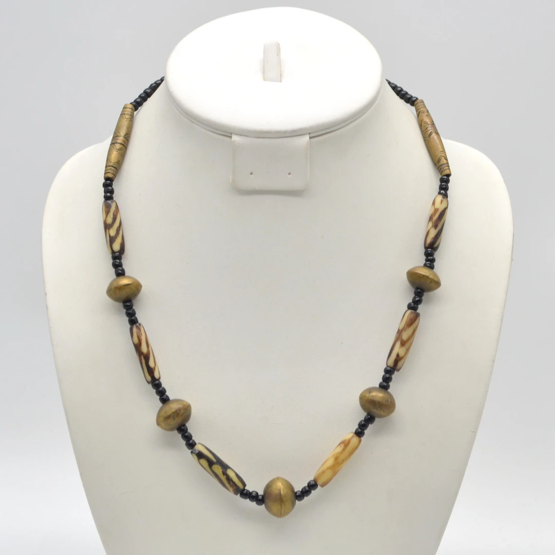 AFRIKANISCHES COLLIER, HANDGEMACHTE PERLEN, HORN, BRONZE, HOLZ, 20.