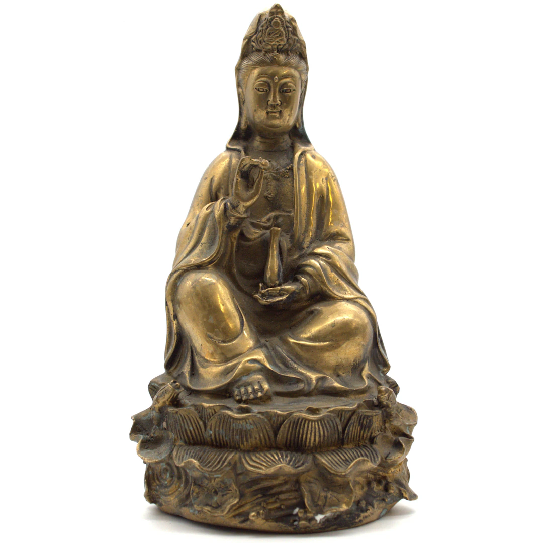 CHINESISCHE GUANYIN-FIGUR MIT BUDDHA-HAND- UND WERKSTATTMARKE, METALL.