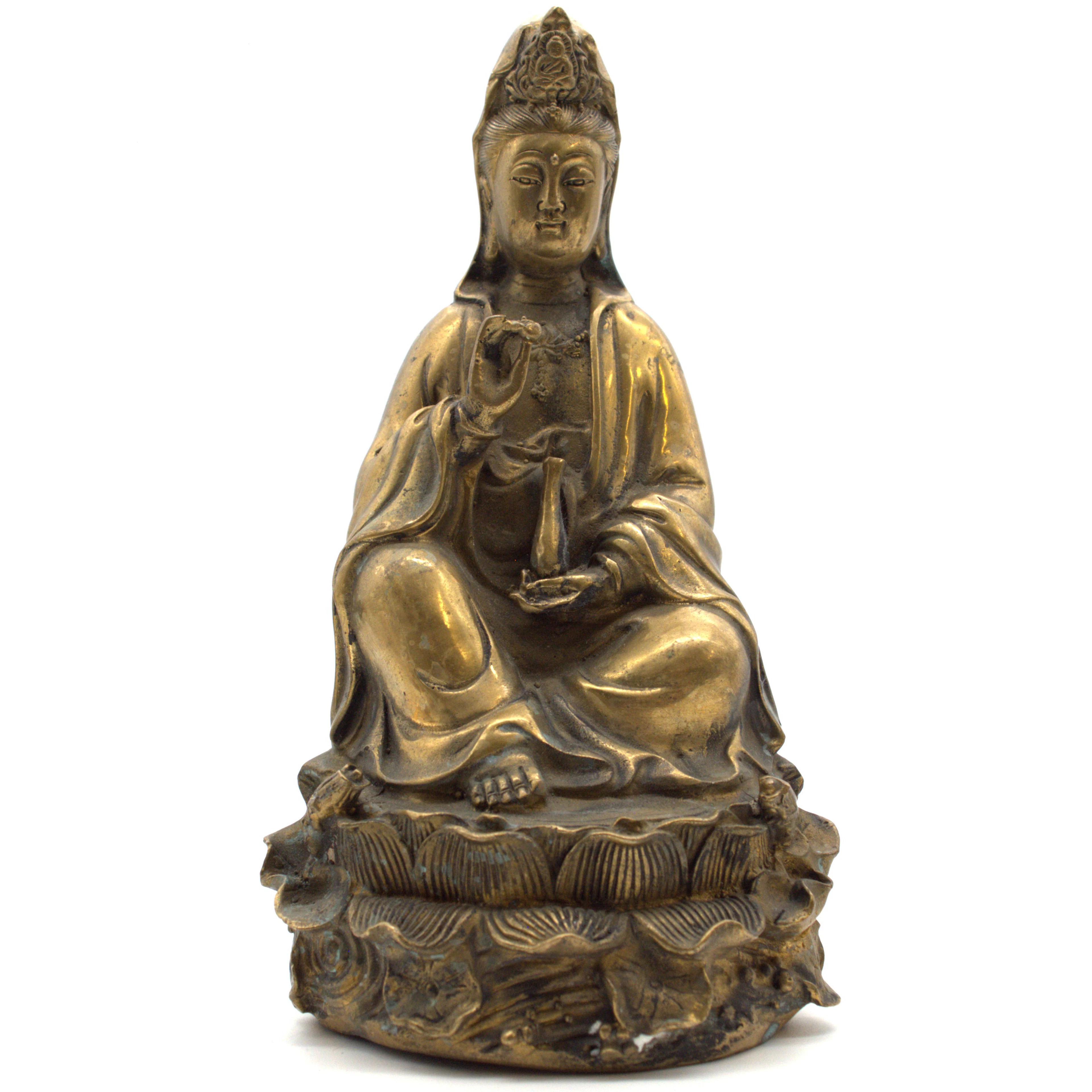 CHINESISCHE GUANYIN-FIGUR MIT BUDDHA-HAND- UND WERKSTATTMARKE, METALL.