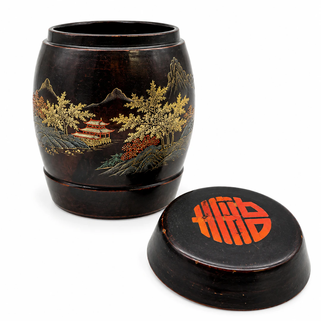 LACKDOSE DECKELDOSE LACKIERTE DOSE JAPAN HOLZ MIT LANDSCHAFT.