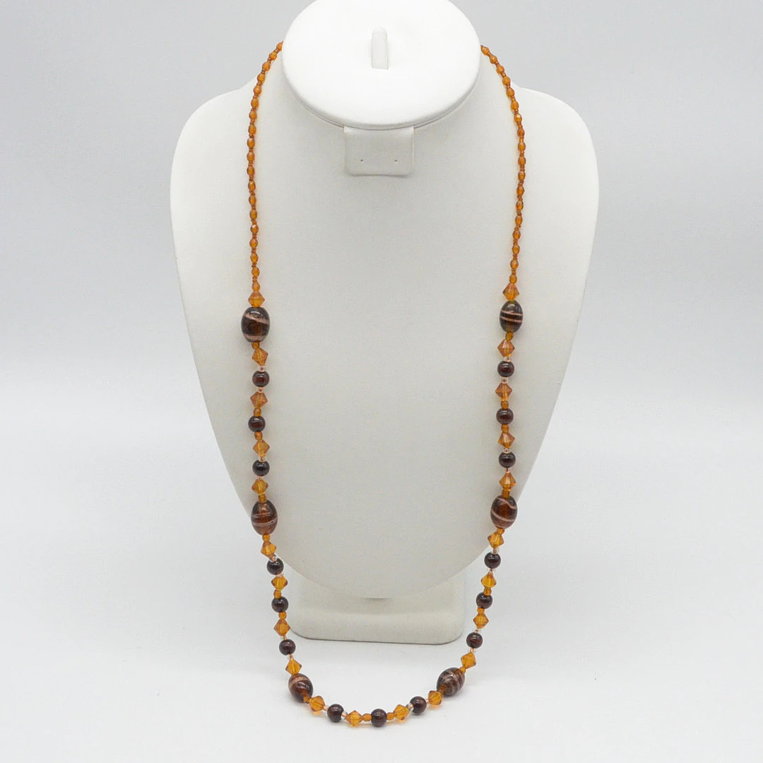 MURANO GLAS PERLENCOLLIER, BRAUN ORANGE, GOLDFLITTER, FACETTIERTE