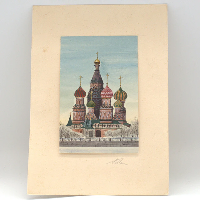 AQUARELL AUF PAPIER BASILIUS-KATHEDRALE MOSKAU, RUSSLAND SIGNIERT.