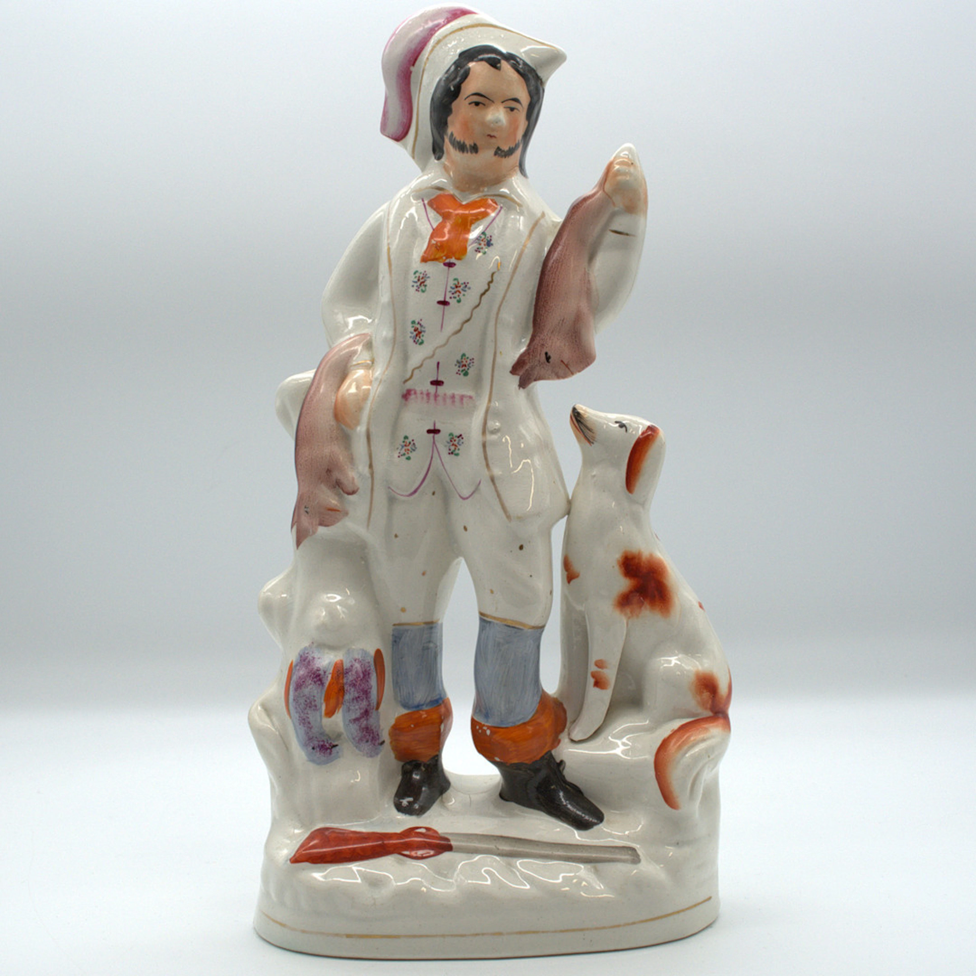 ENGLISCHER STAFFORDSHIRE-JÄGER MIT HUND, KANINCHEN UND WILD, 19. JAHRHUNDERT.