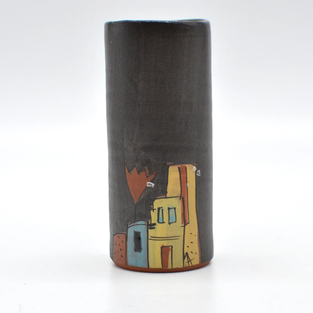 ATELIER BUNTER SCHERBEN. DESIGNERVASE "BUNTE HÄUSER", KERAMIK, HANDBEMALT