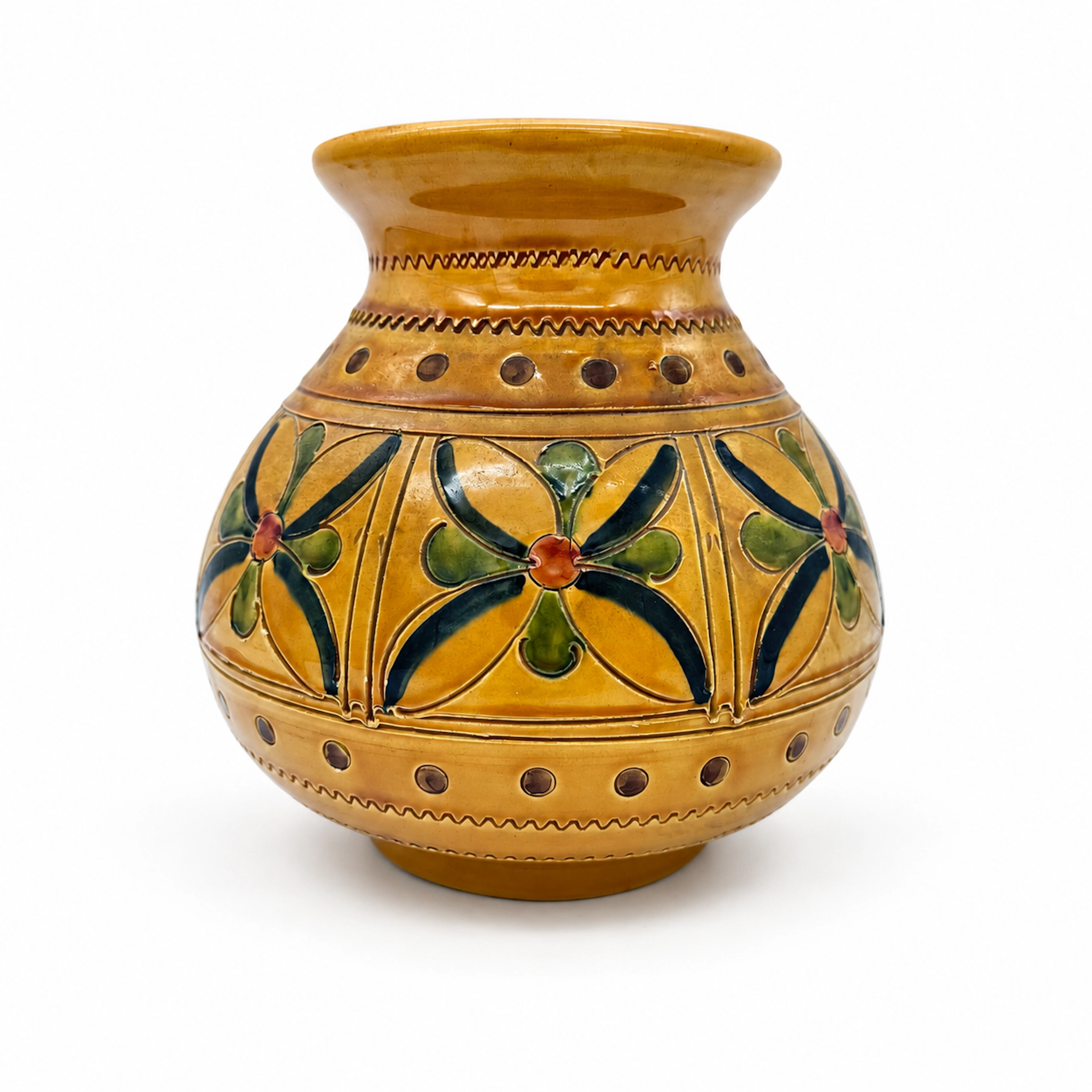 KERAMIKVASE ITALIEN SGRAFFITO STIL GELB MIT DEKOR 1950-1970ER.
