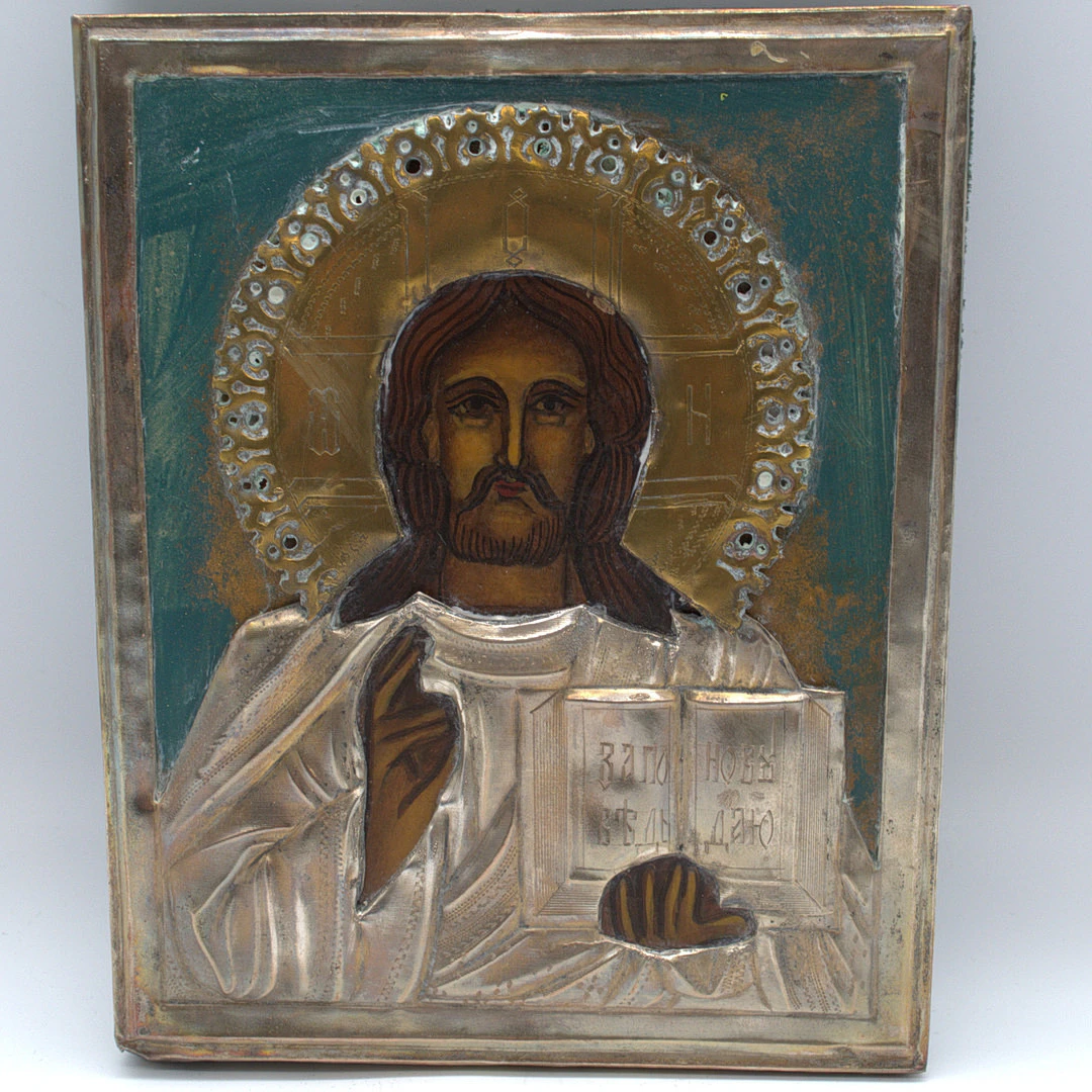ANTIKE RUSSISCHE IKONE, CHRISTUS PANTOKRATOR, MIT MESSING VERSILBERTEM