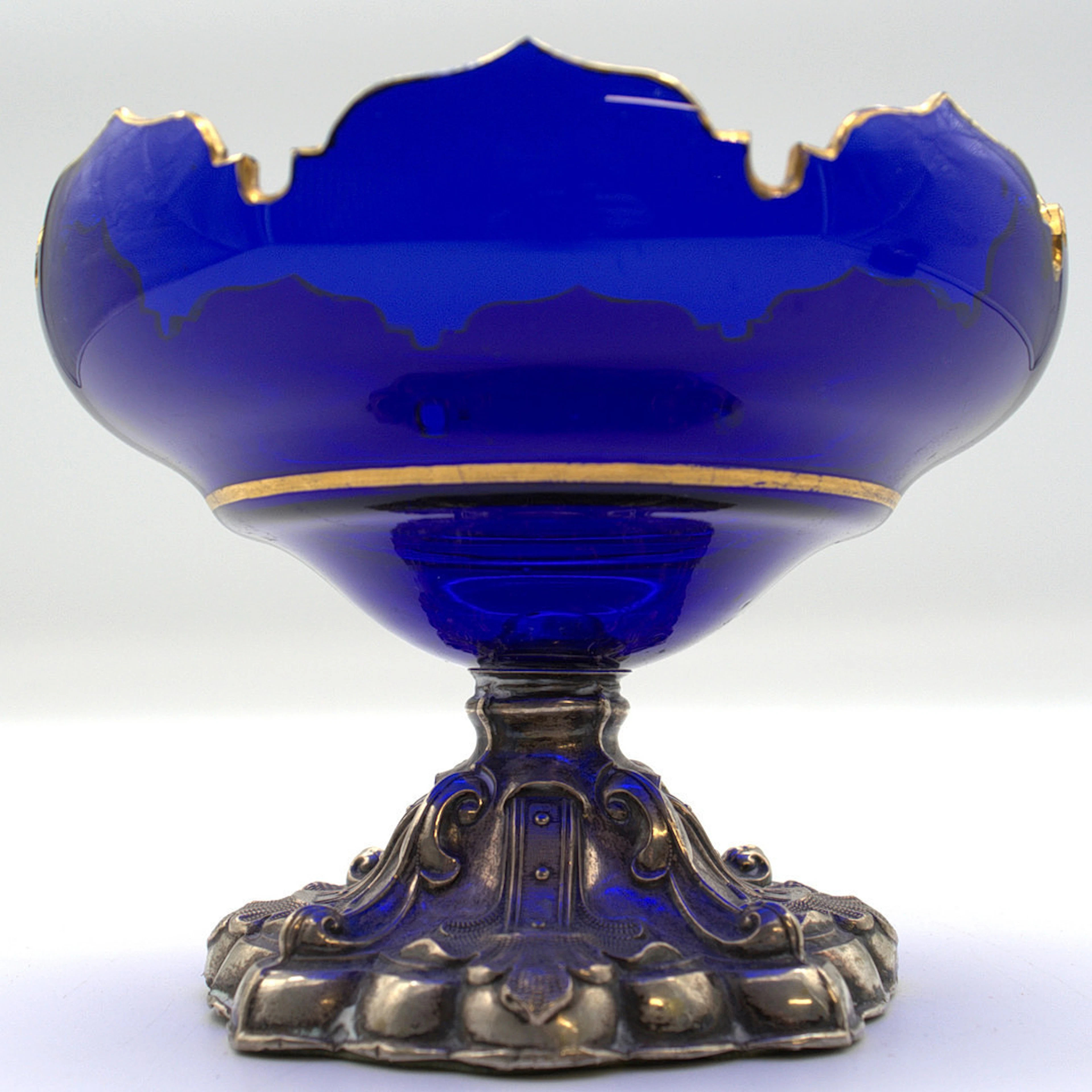 BIEDERMEIER FUSSSCHALE SILBER FUSS MIT KRISTALL GLAS KOBALTBLAU UND