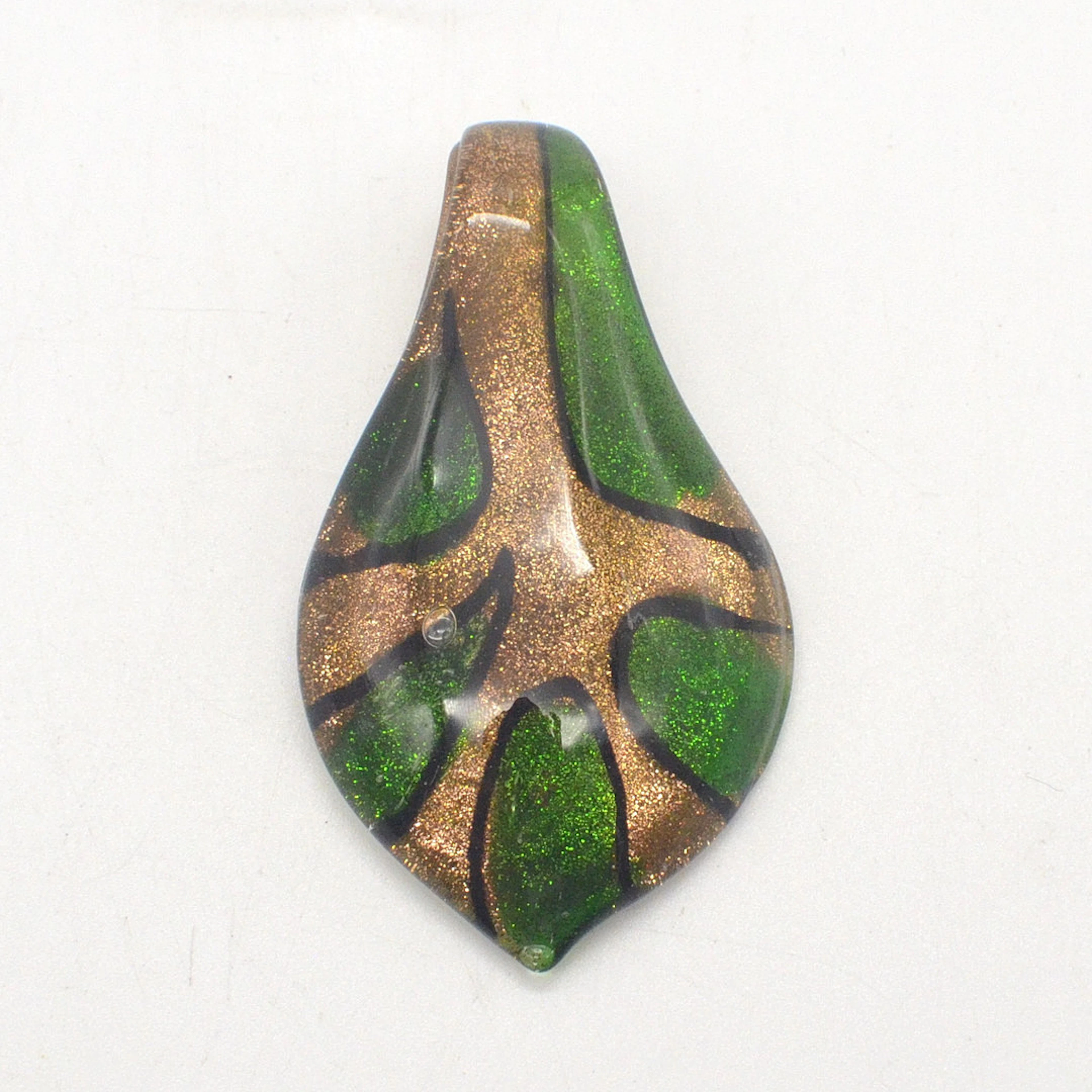 DESIGNER COLLIERANHÄNGER AUS MURANO GLAS, BLATTFORM, GRÜN UND GOLD