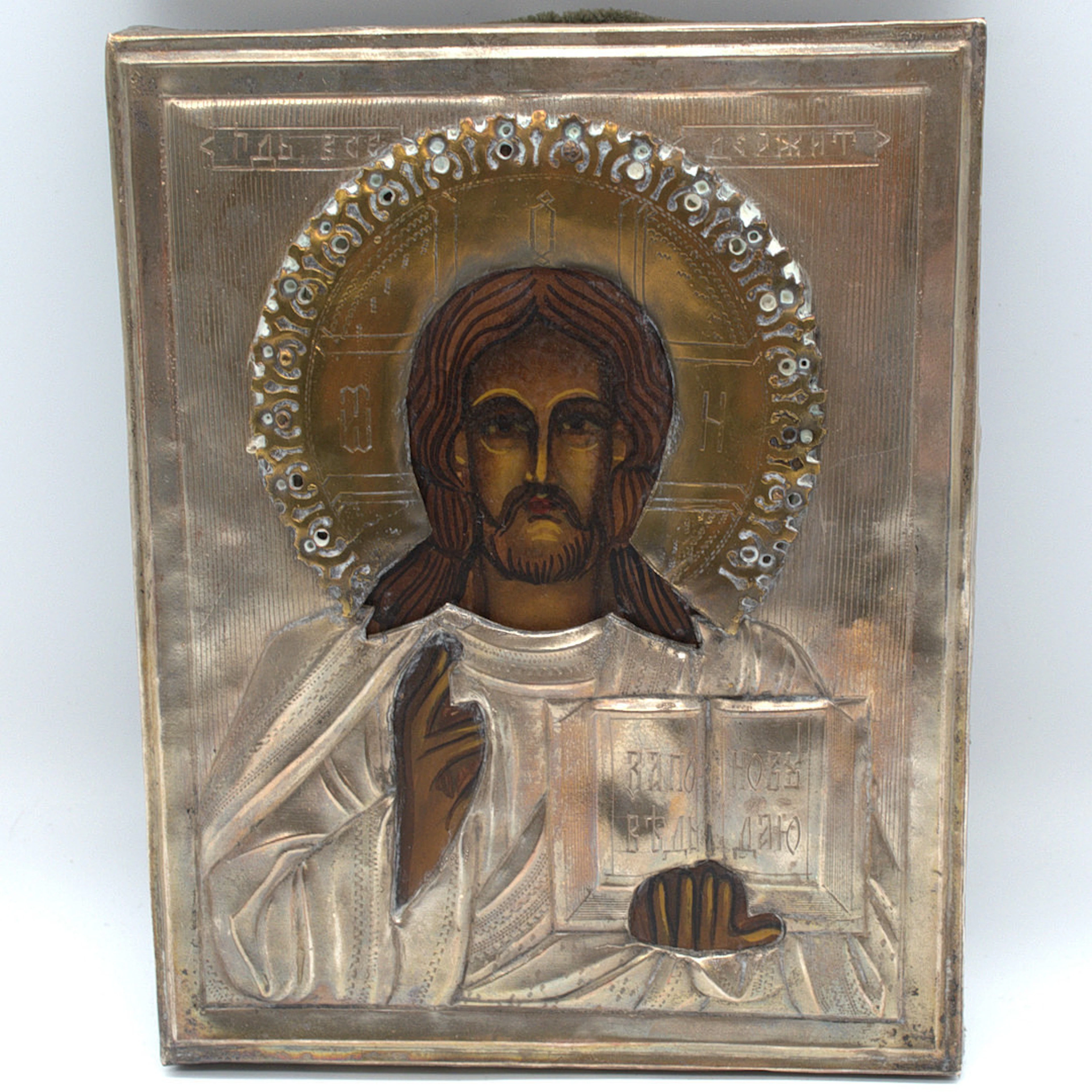 ANTIKE RUSSISCHE IKONE, CHRISTUS PANTOKRATOR, MIT MESSING VERSILBERTEM