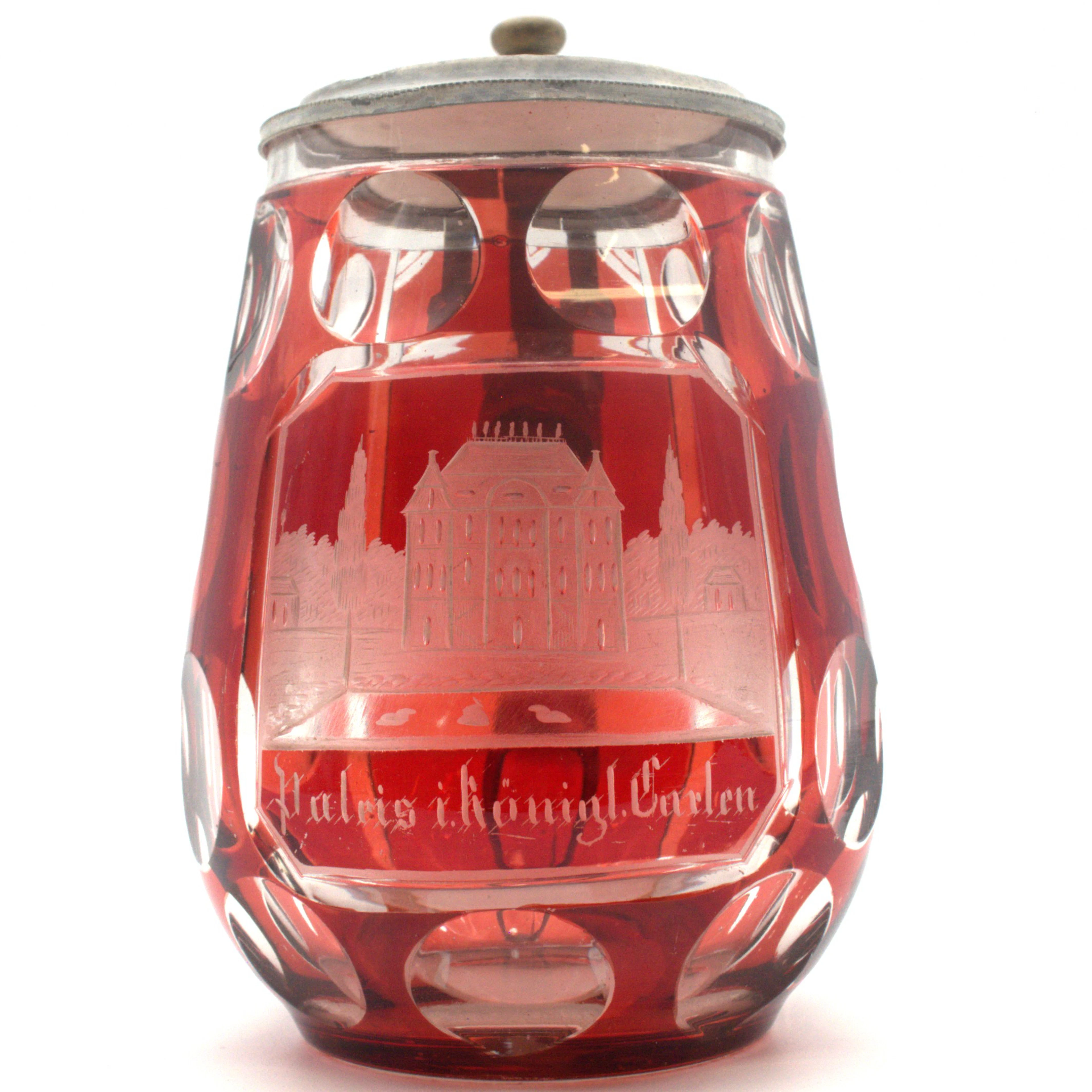 BIEDERMEIER GLAS DECKELBECHER / ANDENKENGLAS MIT DARSTELLUNG DES PALAIS
