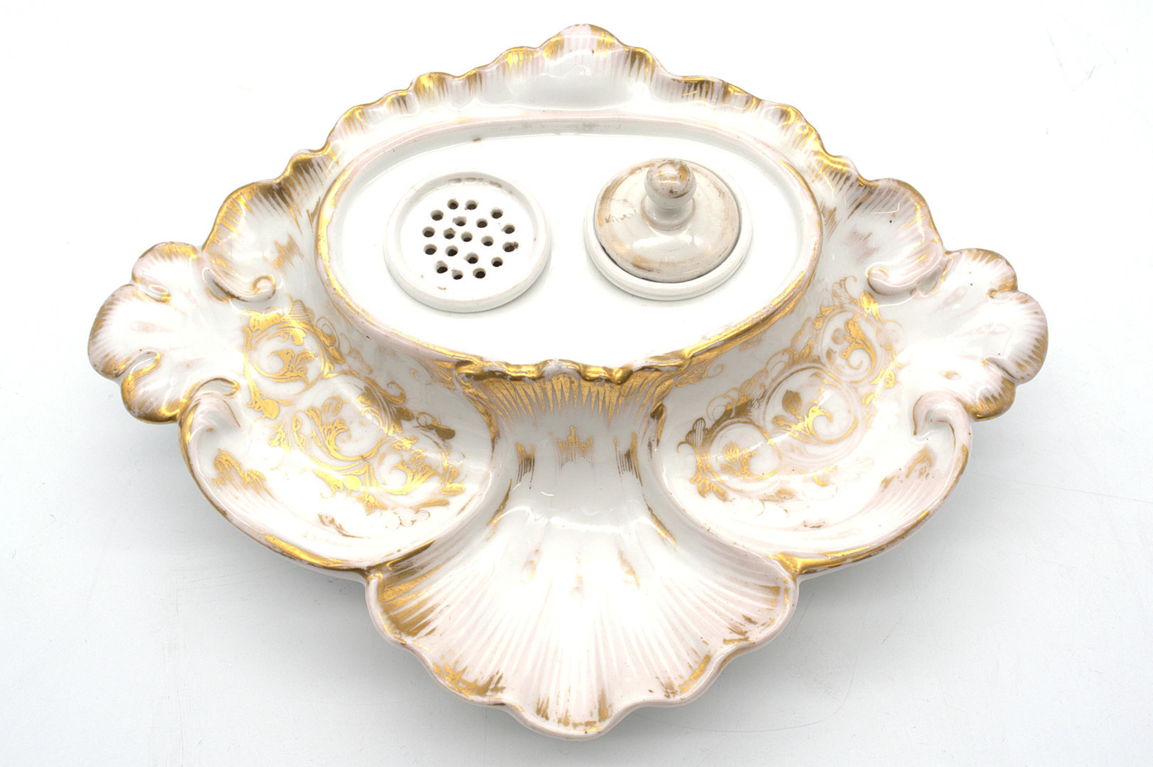 ANTIKES PORZELLAN TINTENFASS-SET MIT GOLDDETAILS FRANKREICH 19. JAHRHUNDERT