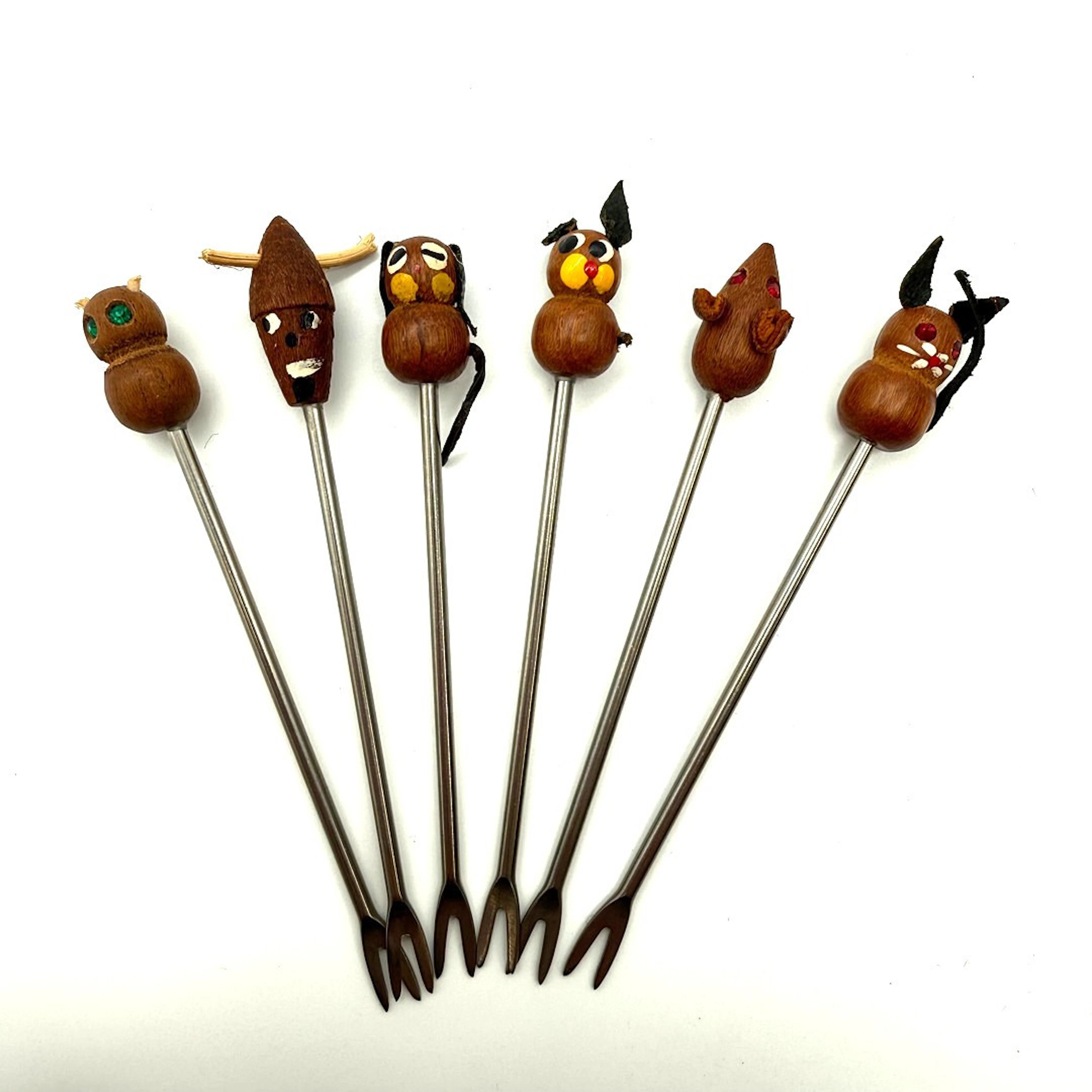 6 BOWLE SPIEßE TIERE PIEKSER HOLZ TEAK VINTAGE DANISH DESIGN.
