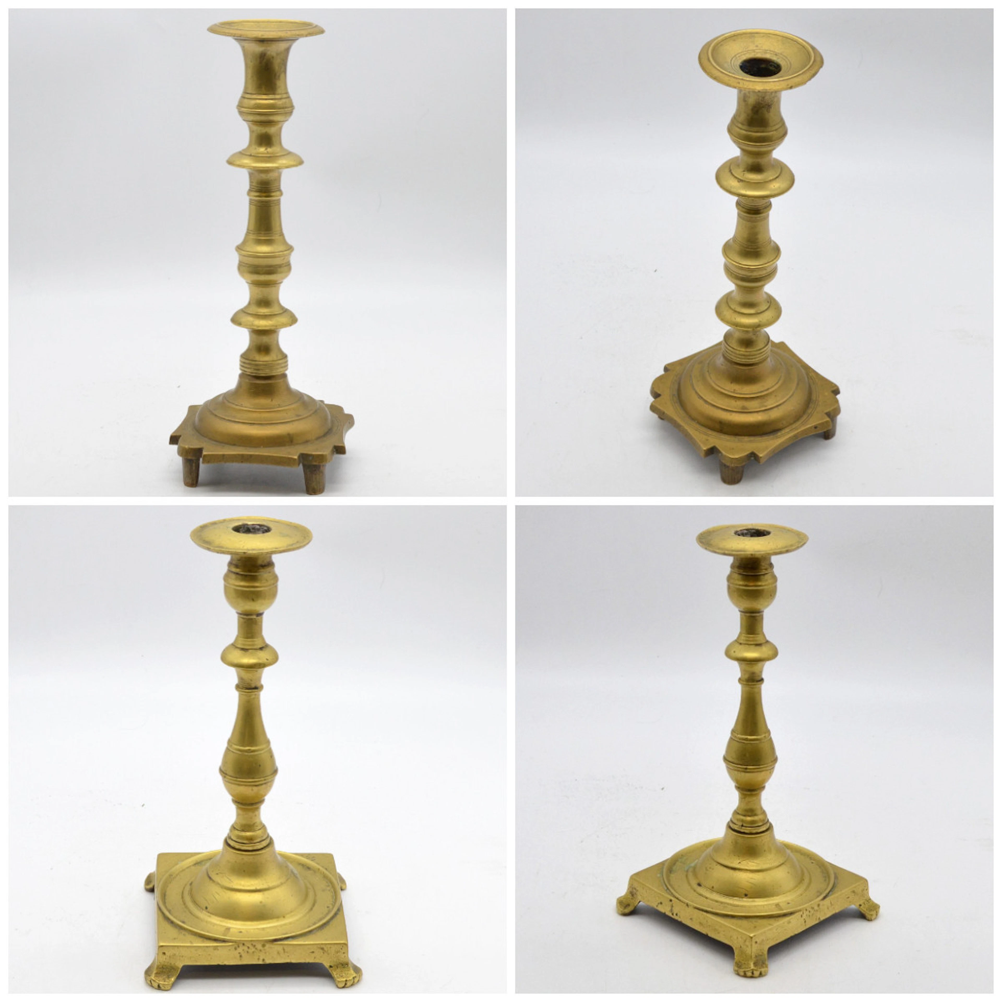 ZWEI RUSSISCHE KERZENLEUCHTER, HÖHE 25 & 29 CM, MESSING, HANDGEMACHT, UM 1900.