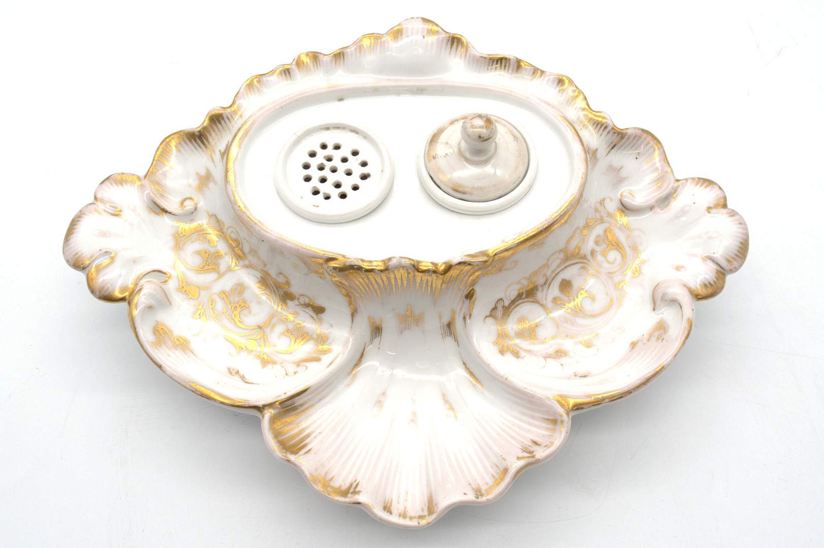 ANTIKES PORZELLAN TINTENFASS-SET MIT GOLDDETAILS FRANKREICH 19. JAHRHUNDERT