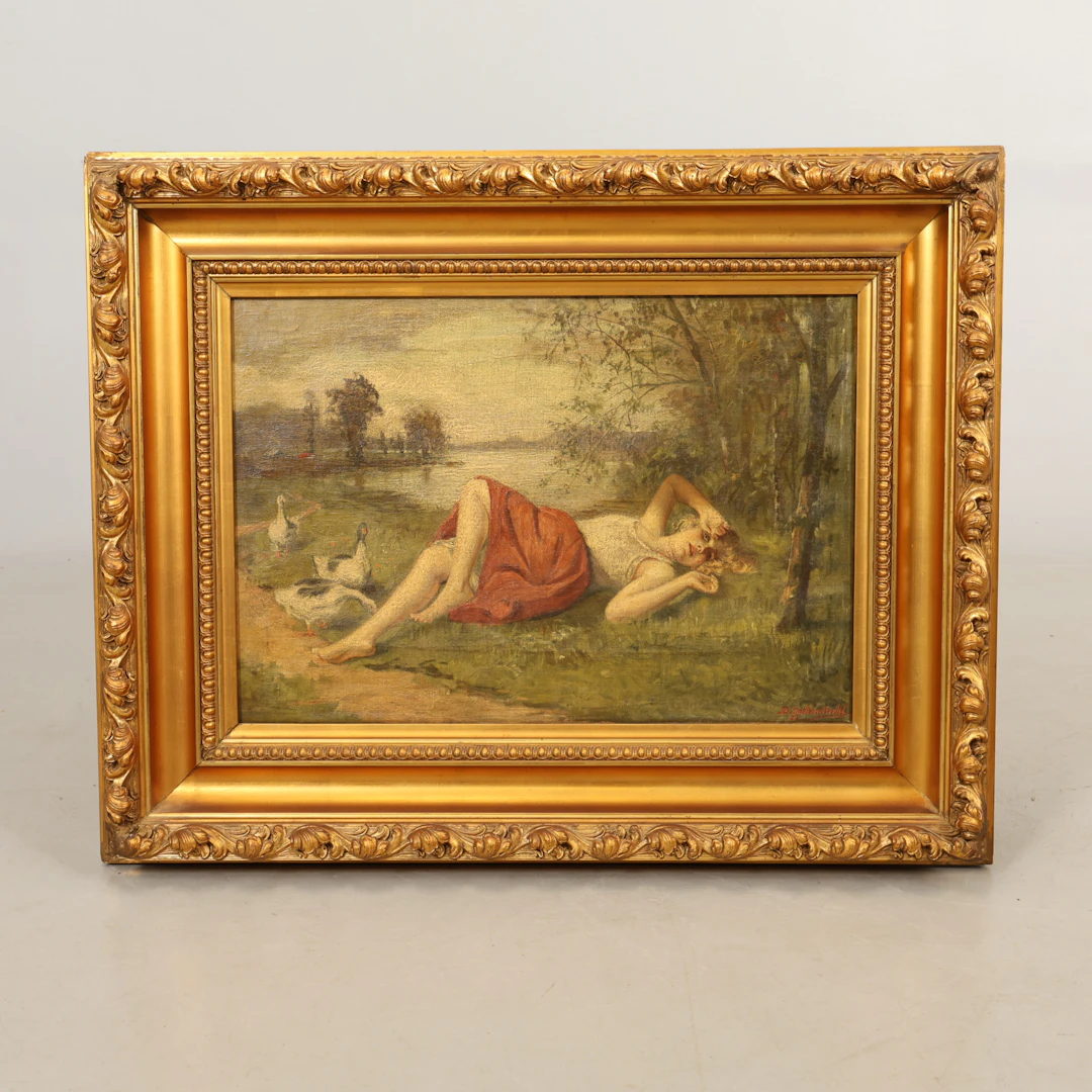 BERNHARD ZICKENDRAHT. EFTER. OLJETRYCK "Ruhendes Mädchen mit gänsen