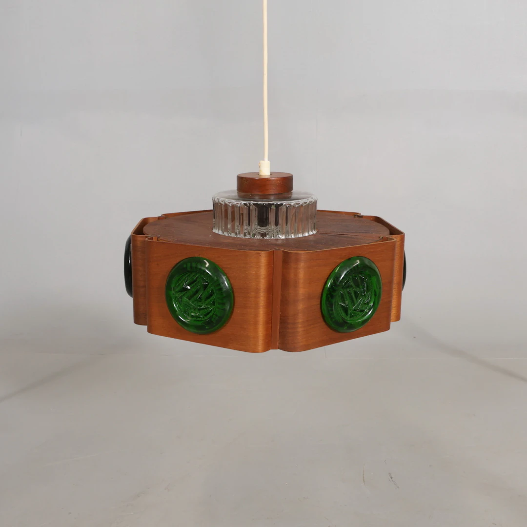 TAKLAMPA teak/glas omkring 60/70-tal.