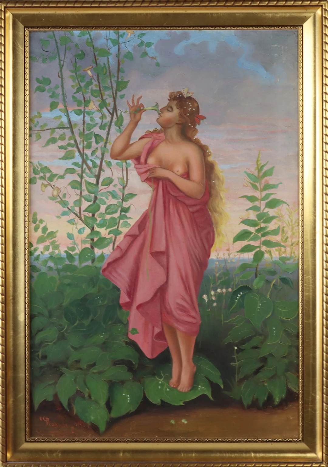 CARL GUSTAF RAHMBERG (1865-1916). Olja på duk, kvinna dricker nektar