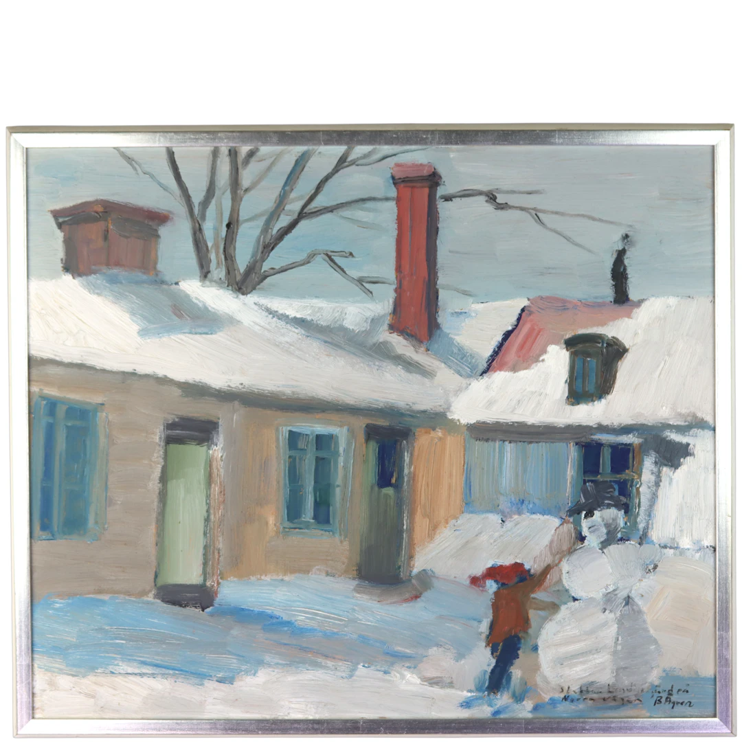 BENGT ÅGREN. Olja på pannå, gårdsplan med barn och snögubbe, signerad.