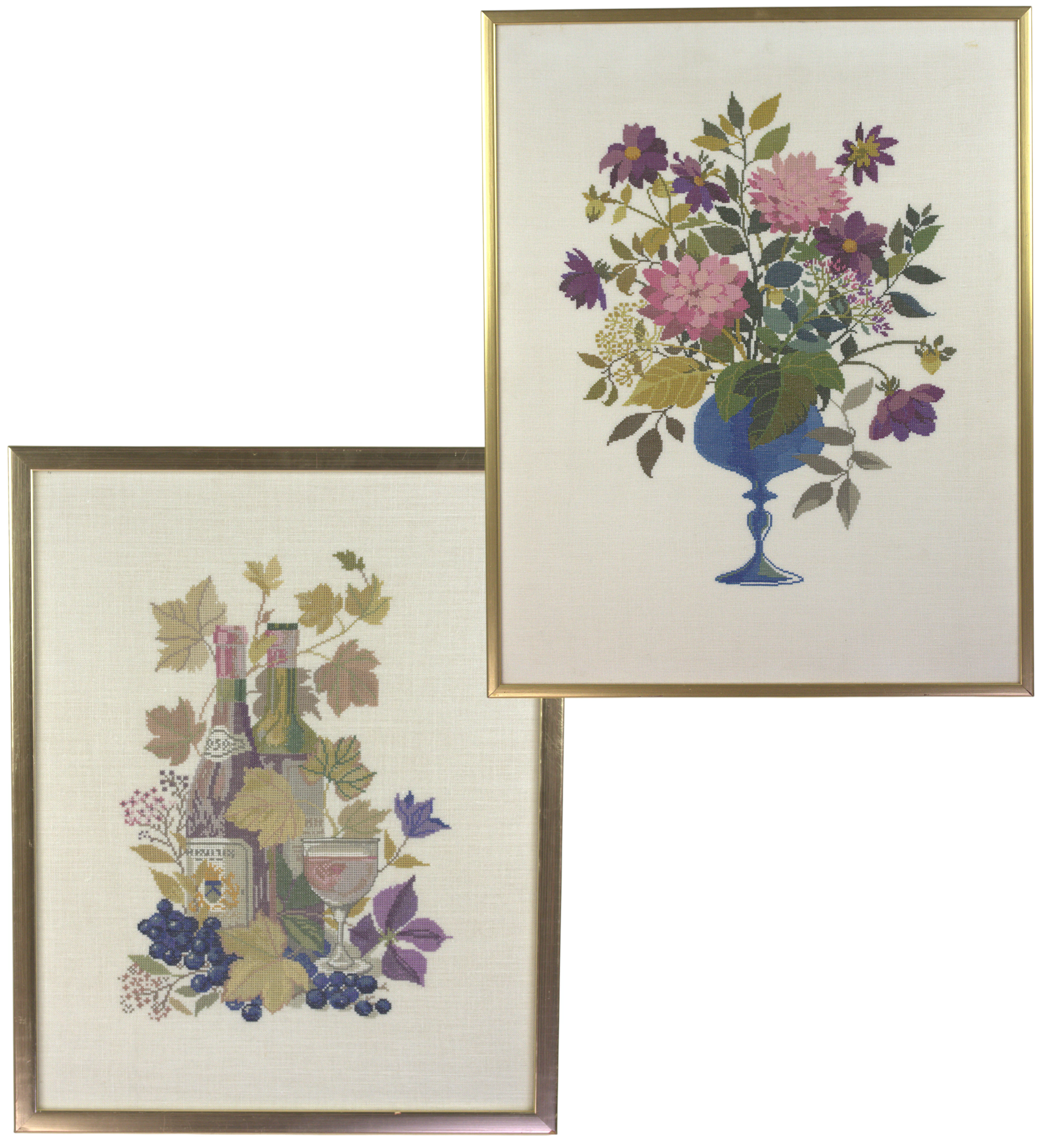 CLARA WAEVER/EVA ROSENSTAND. Textiltavlor 2 st. broderade stilleben.