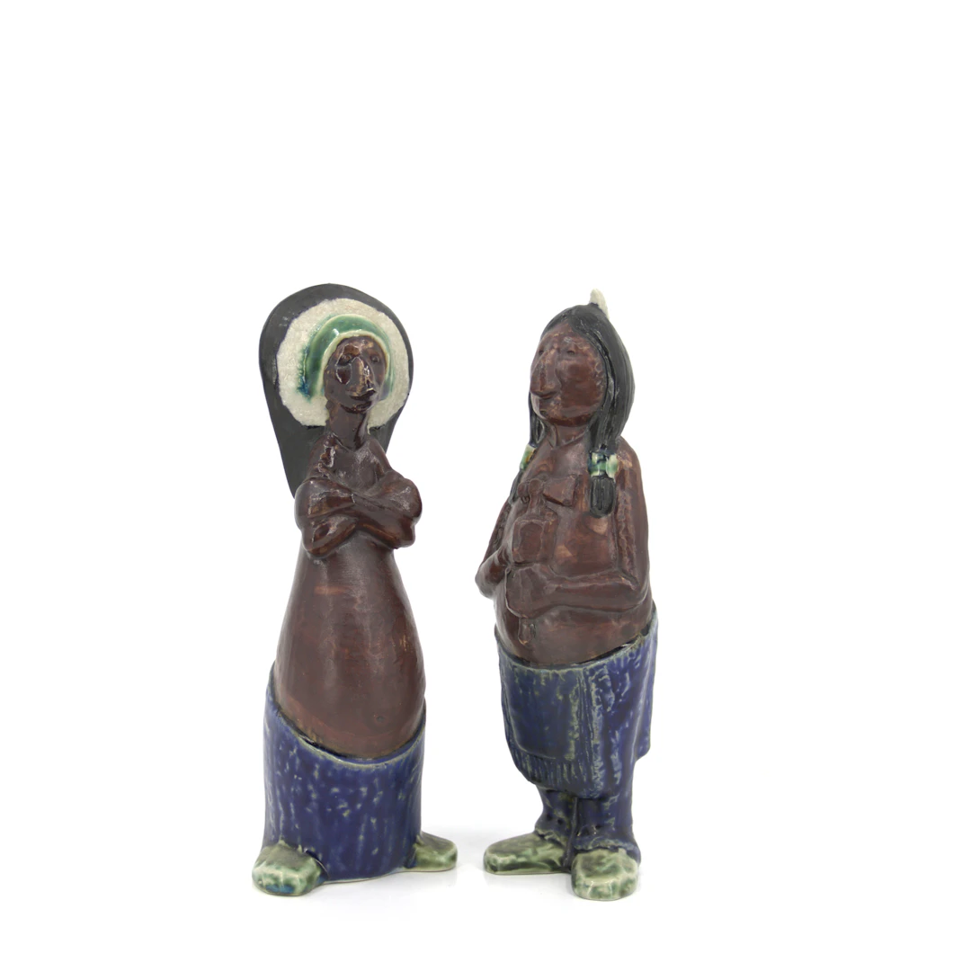 ROLF PALM. Figuriner, 2 st, indianer, glaserat stengods, AJ, Höganäs.