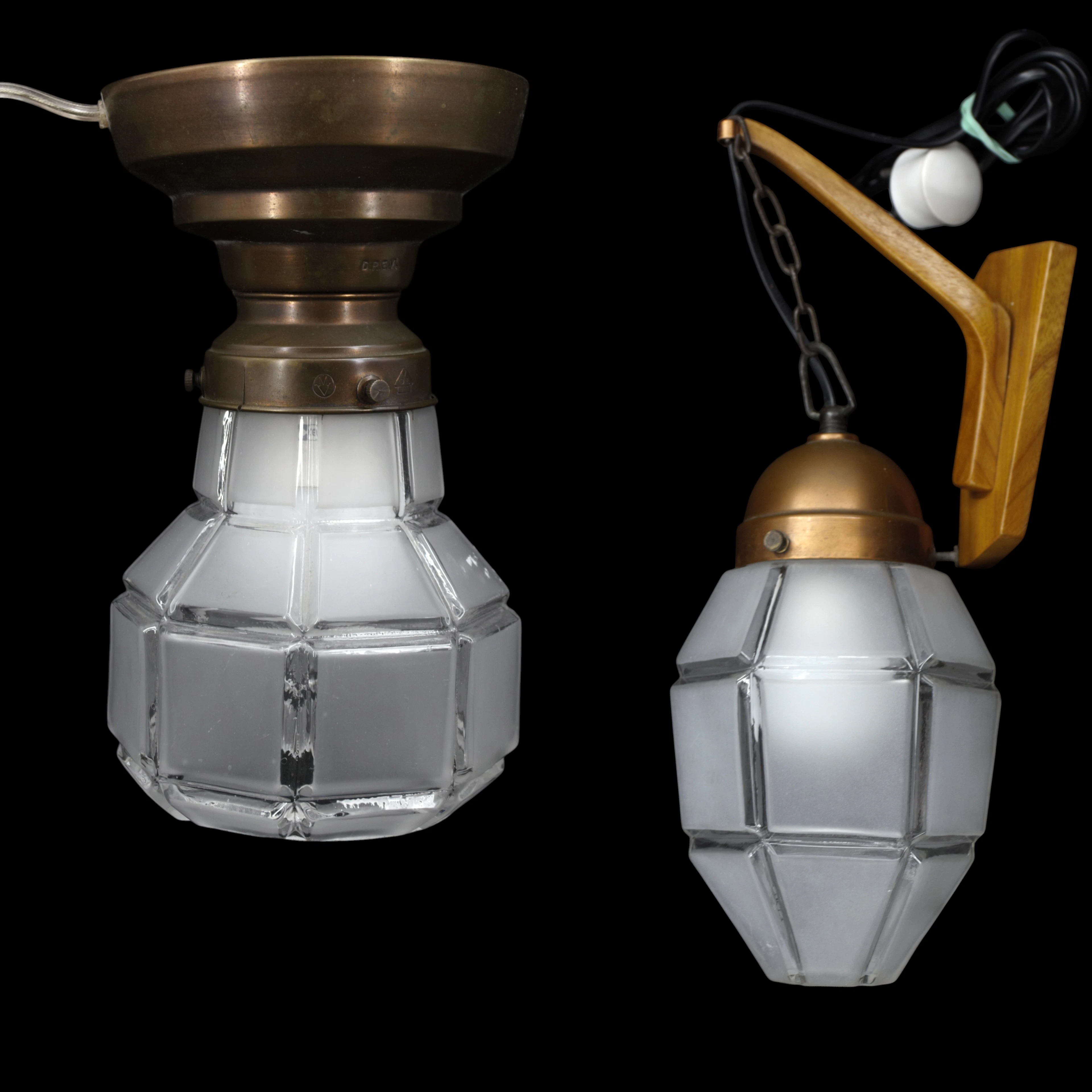 VÄGGLAMPA och TAKLAMPA, 2 delar, kupa av glas, takfäste av koppar