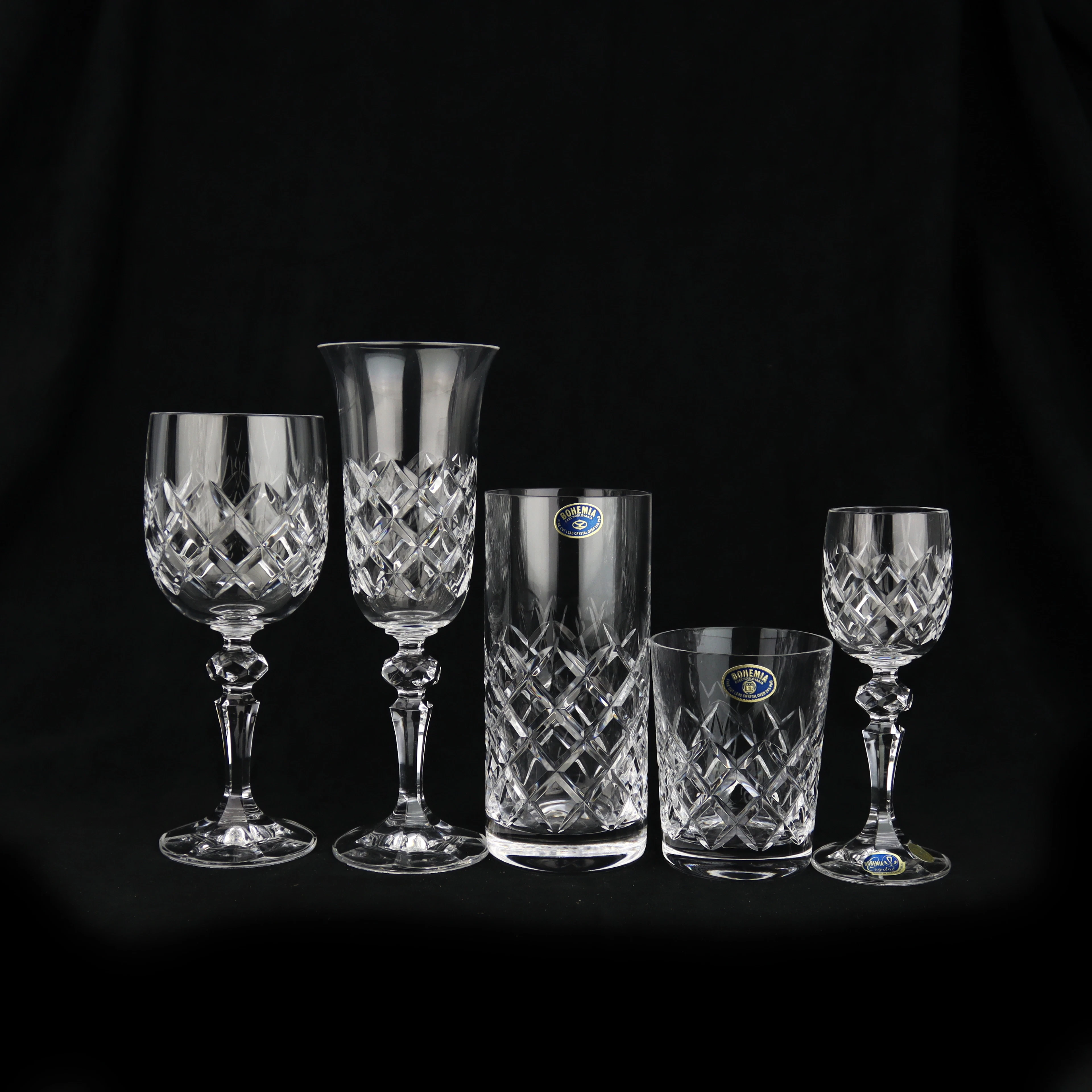 GLASSERVIS, 60 delar, slipat rutmönster, octagon fot, "Bohemia" Czechoslovakia