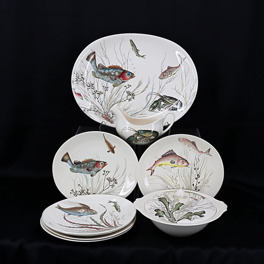 FISKSERVIS, "Fish", 9 delar, porslin, Johnson Bros. England.
