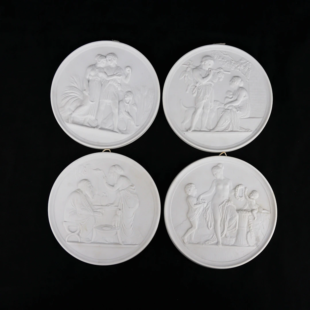BERTEL THORVALDSEN. Väggplaketter, 4 st, parian, Royal Copenhagen, Danmark.