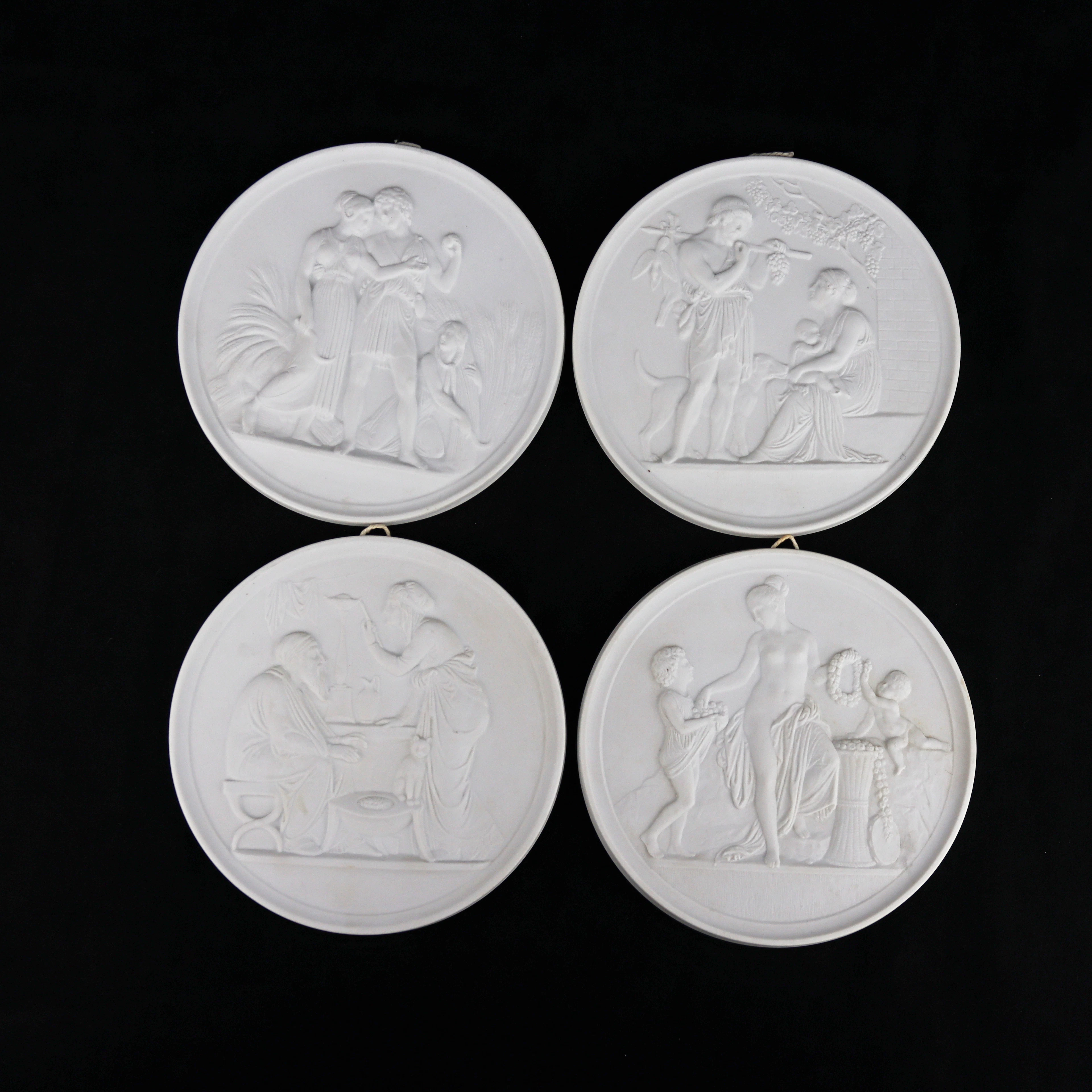 BERTEL THORVALDSEN. Väggplaketter, 4 st, parian, Royal Copenhagen, Danmark.