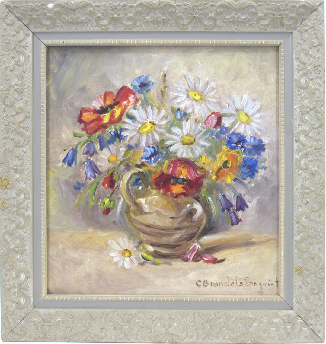 CARIN BRANDEL ENGQVIST. Olja på duk, blomsterstilleben, signerad.