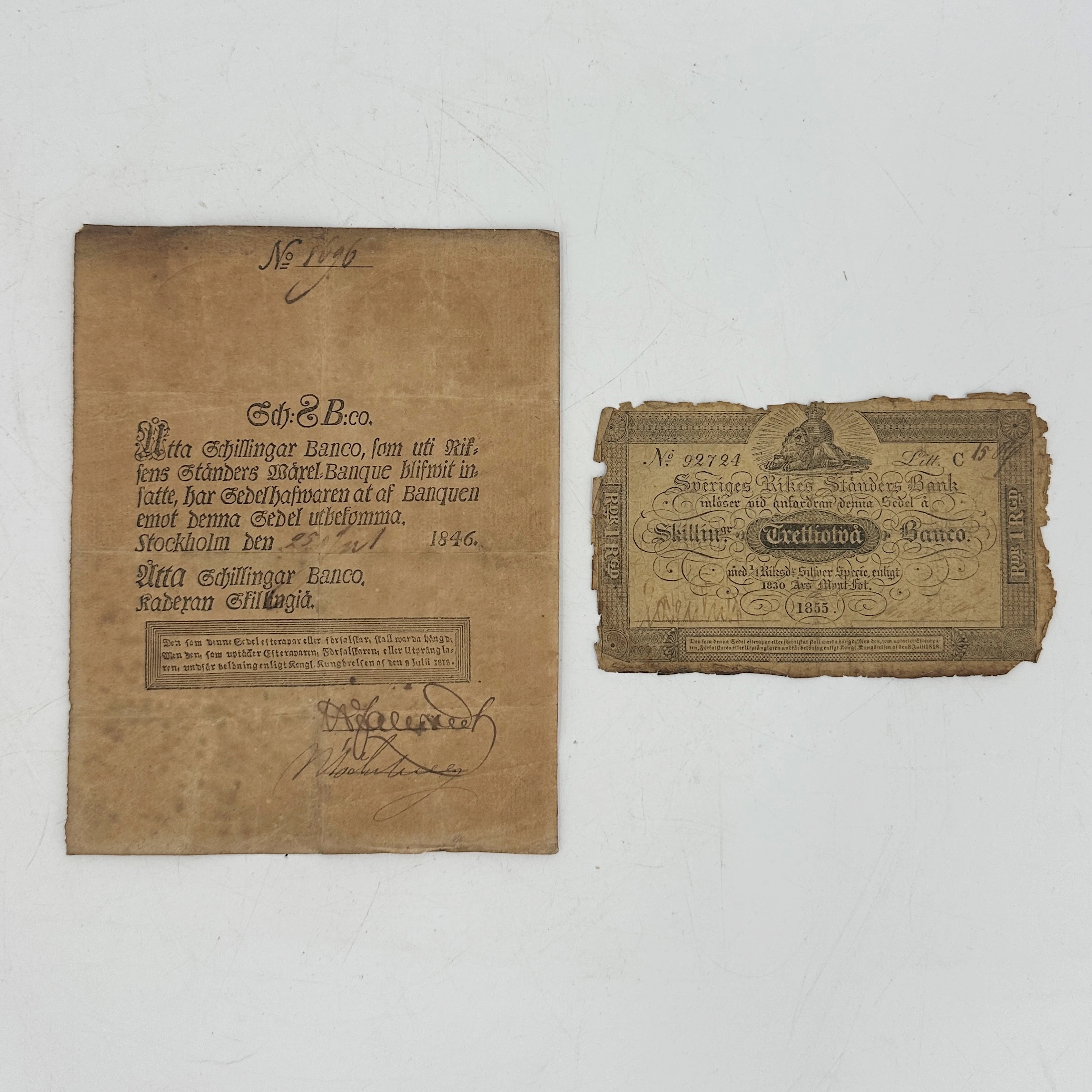 SEDLAR, 2 st. 8 schilling 1846 resp. 32 skilling banco 1855.