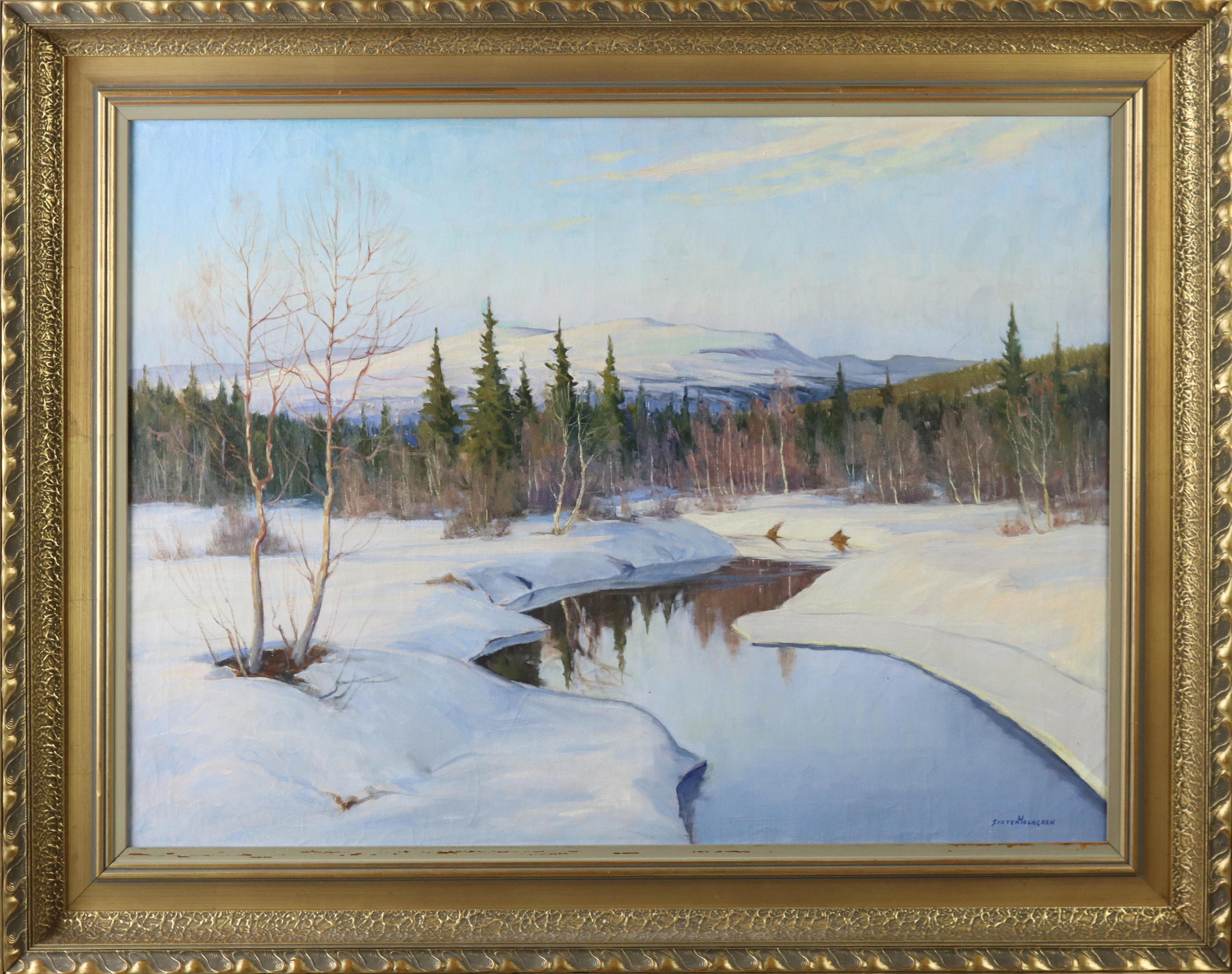 SIXTEN HOLMGREN. Olja på duk, fjällandskap vintertid med vatten och