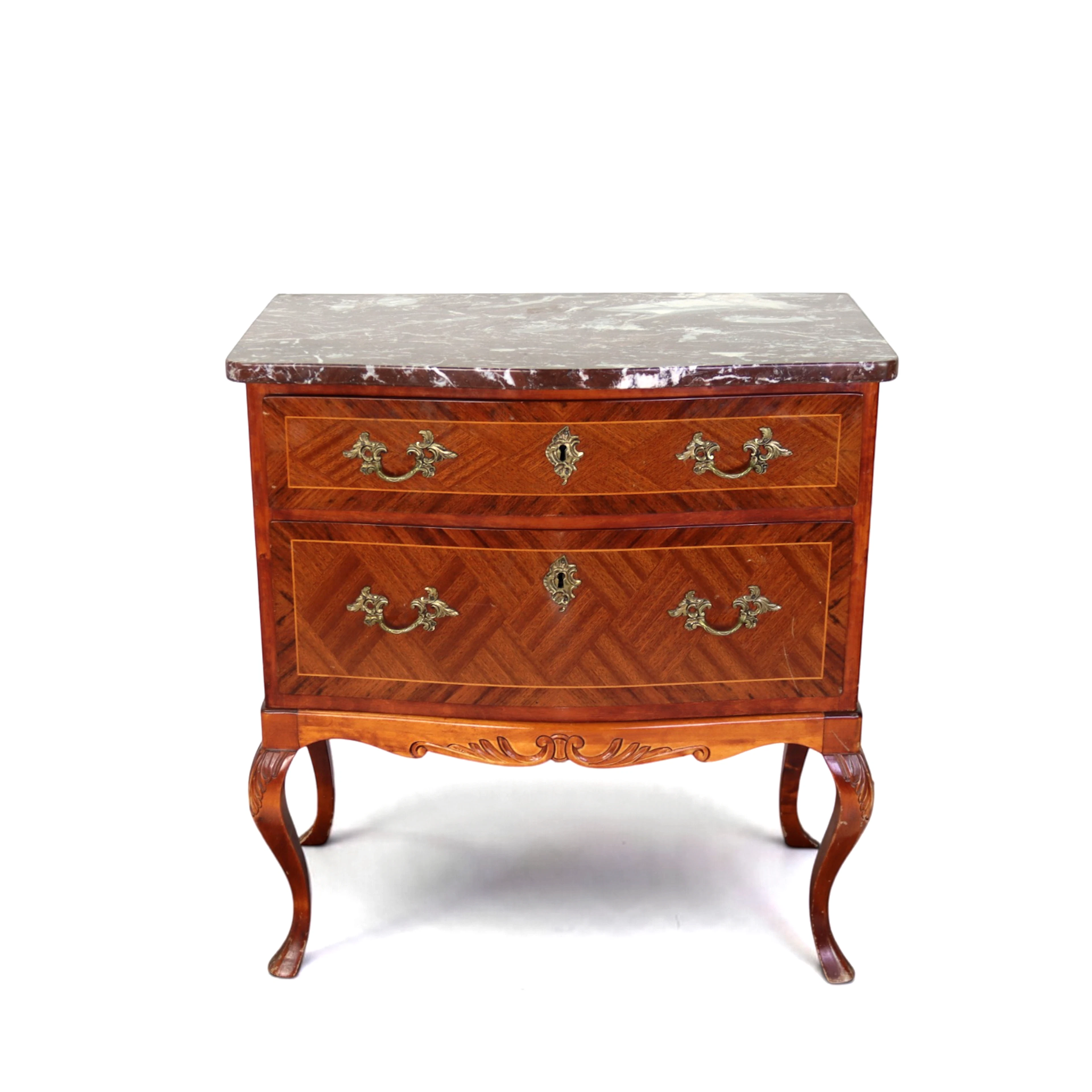 BYRÅ med STENSKIVA, rokokostil, intarsia, bronserade beslag, 1900-talets mitt.